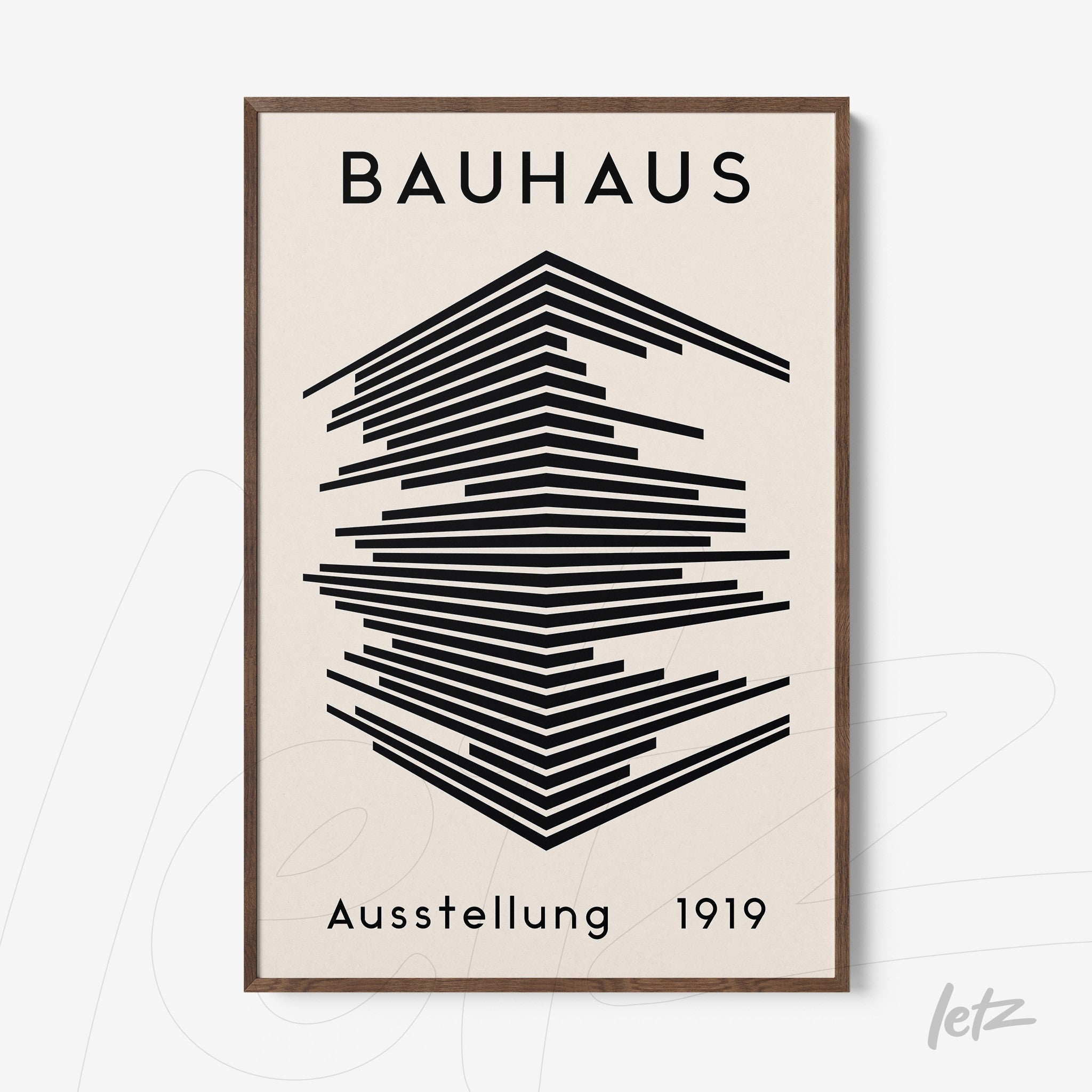 poster print featuring minimalist geometric bauhaus style art in dark wood frame
