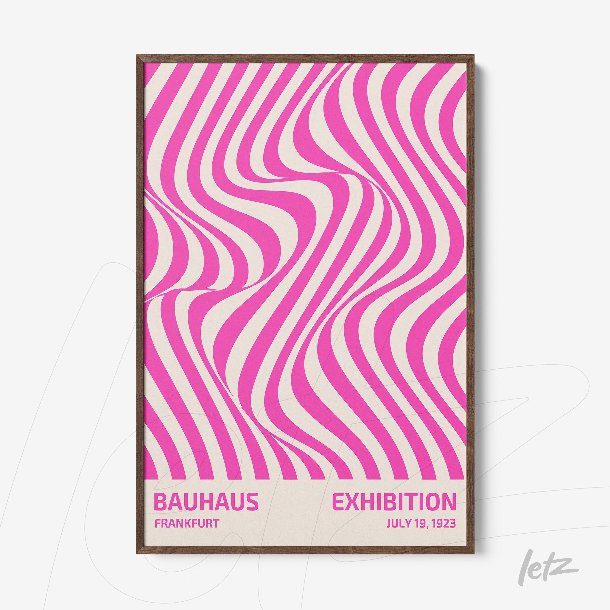 poster with geometric art of pink and white wavy lines in a dark wood frame