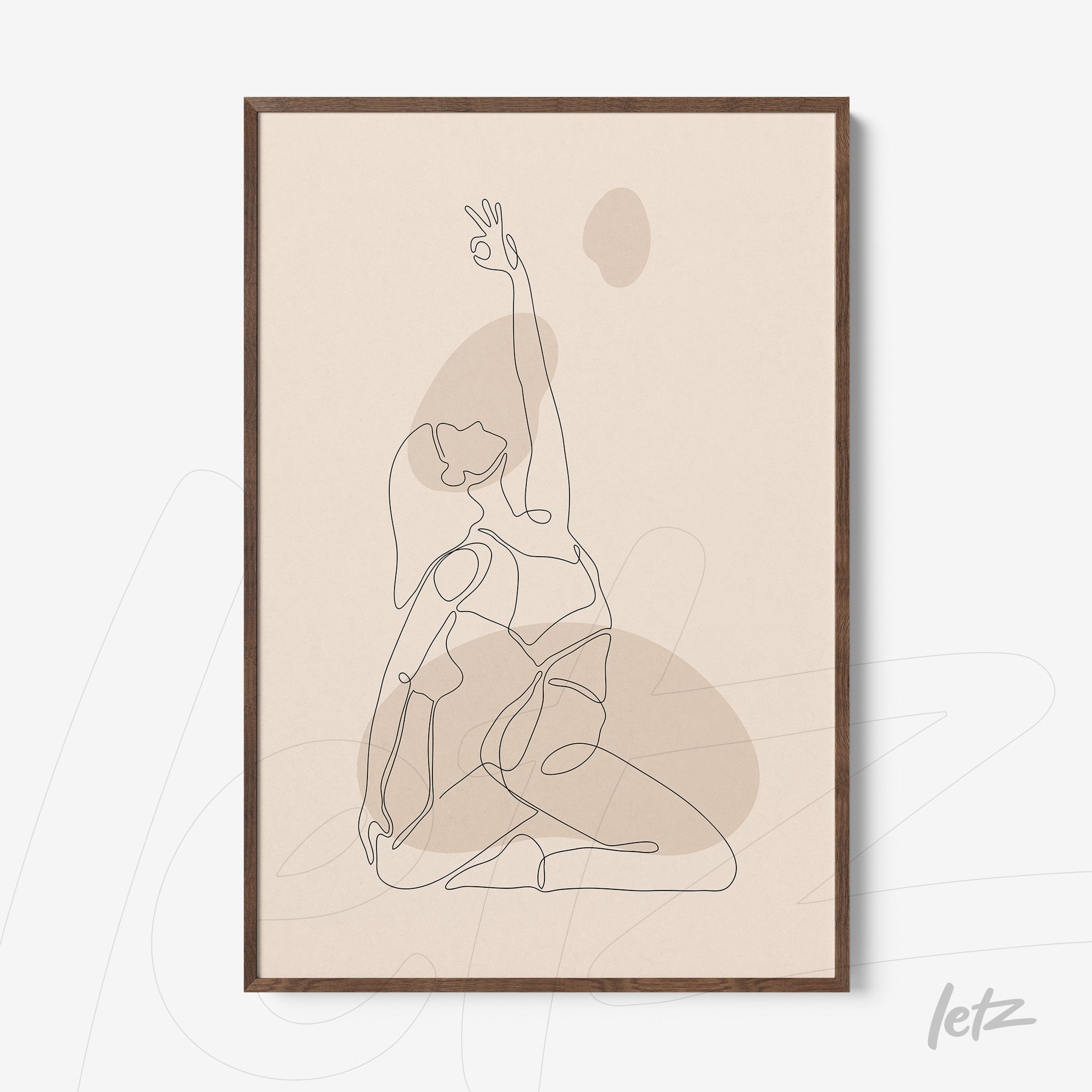framed minimalistic line art depicting a human figure in a stretching pose on a beige background