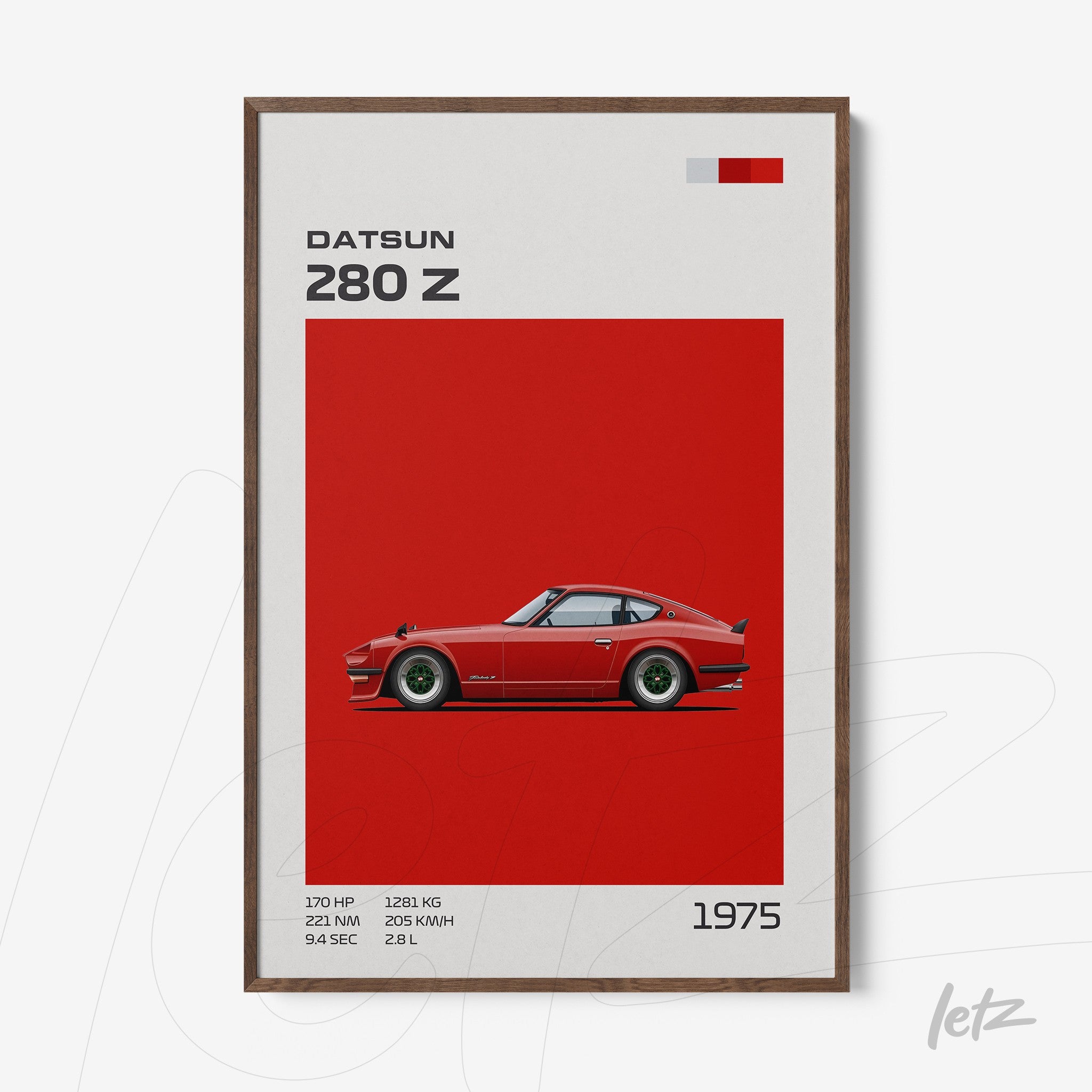 framed wall art featuring a digital illustration of a Datsun 280 Z in red background, with dark wood frame and performance details at the bottom