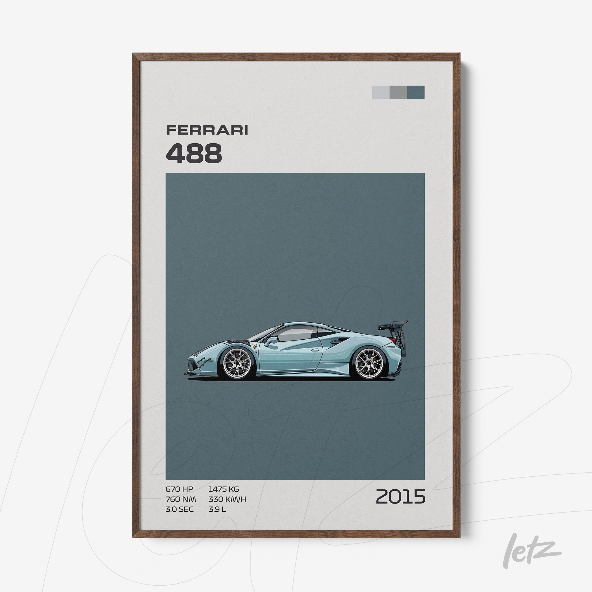 framed digital art of a sports car Ferrari 488 with dark wood frame