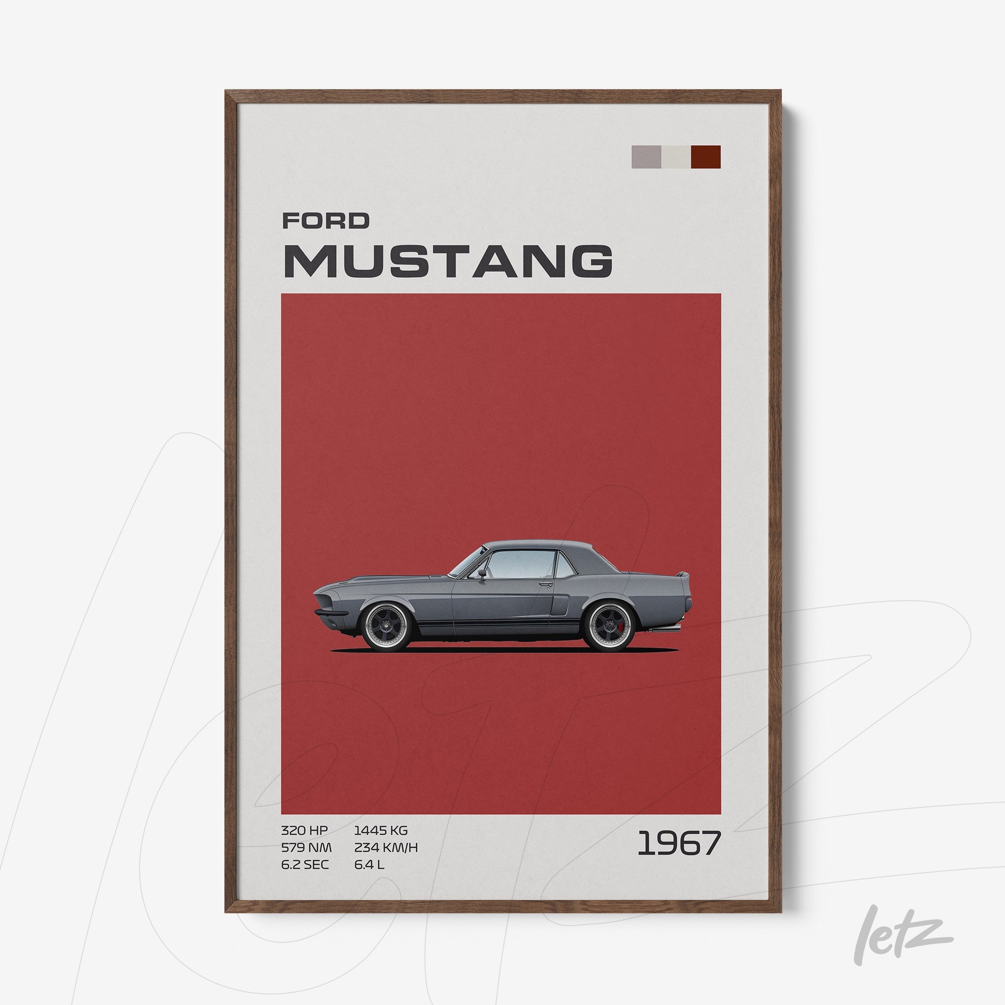 vintage style wall art of 1967 Ford Mustang in dark wood frame