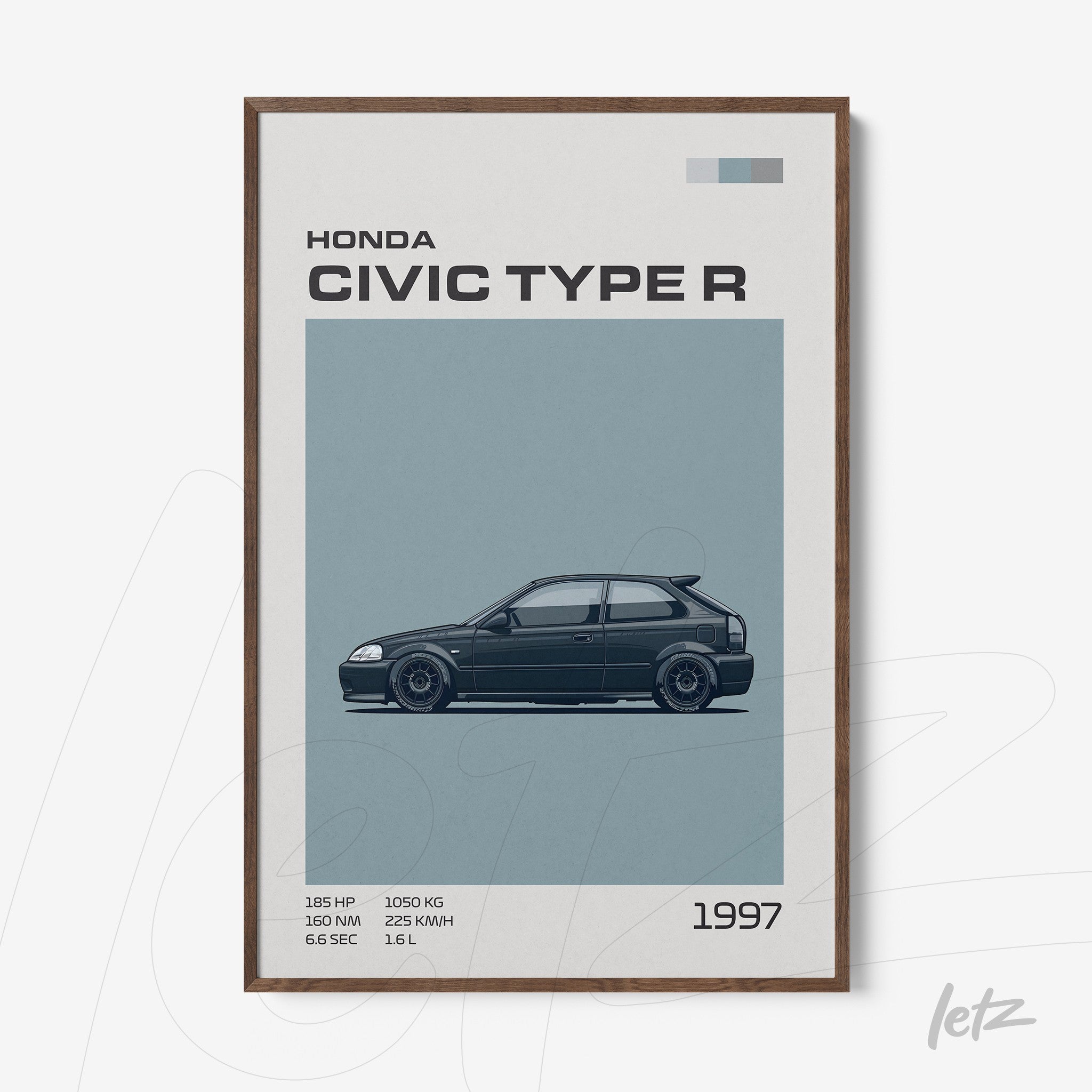 framed illustration of the 1997 Honda Civic Type R in dark wood frame with blue background