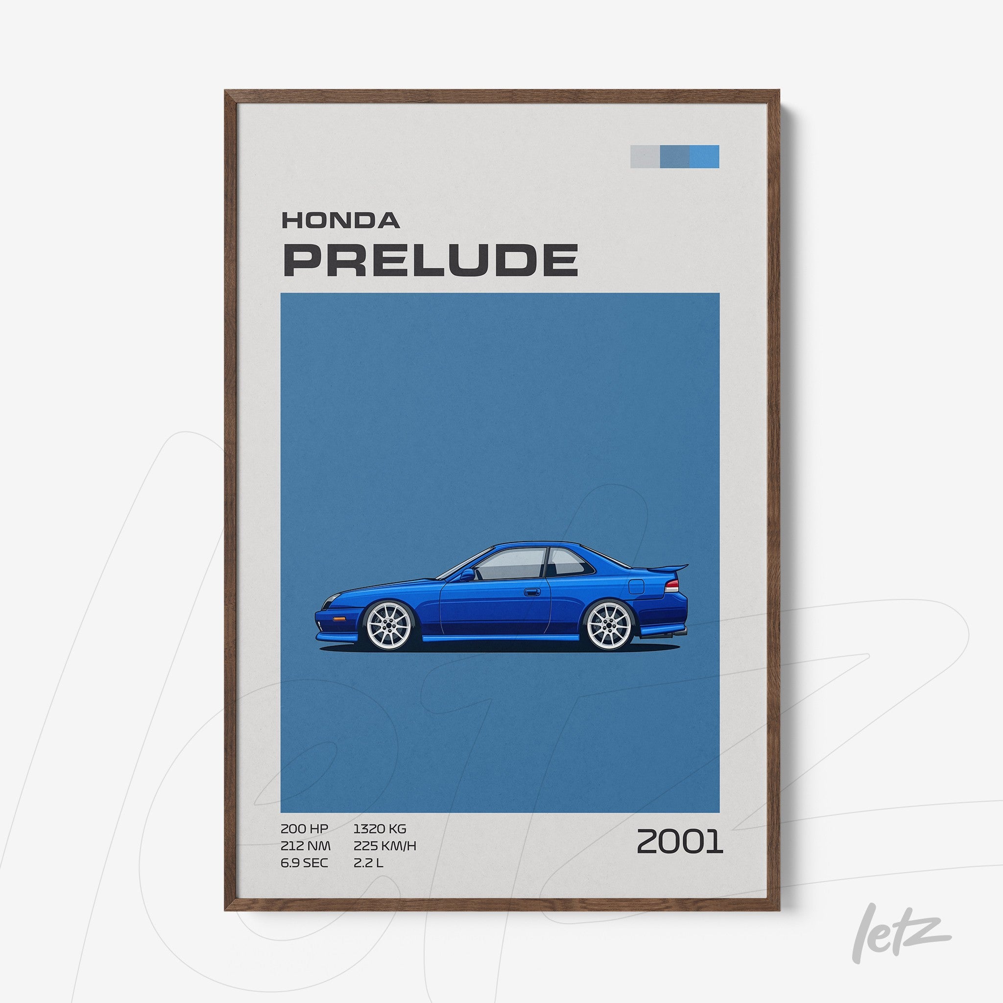framed wall art of a blue Honda Prelude against a blue background with dark wood frame