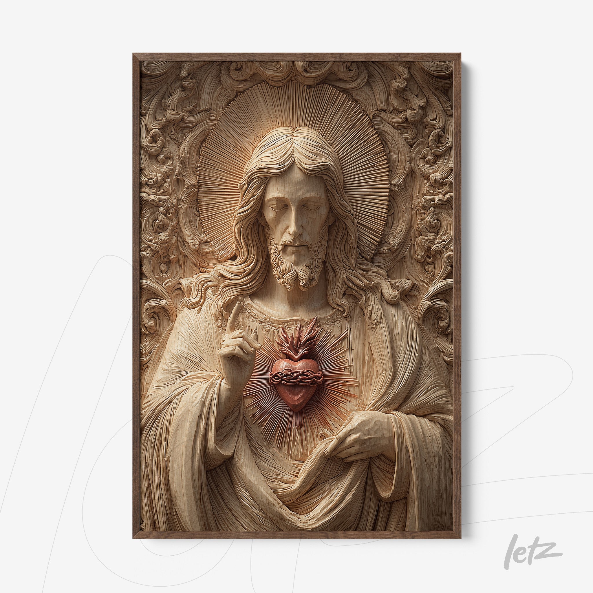 framed wall art featuring a relief sculpture of Jesus Christ with a sacred heart in light wood frame