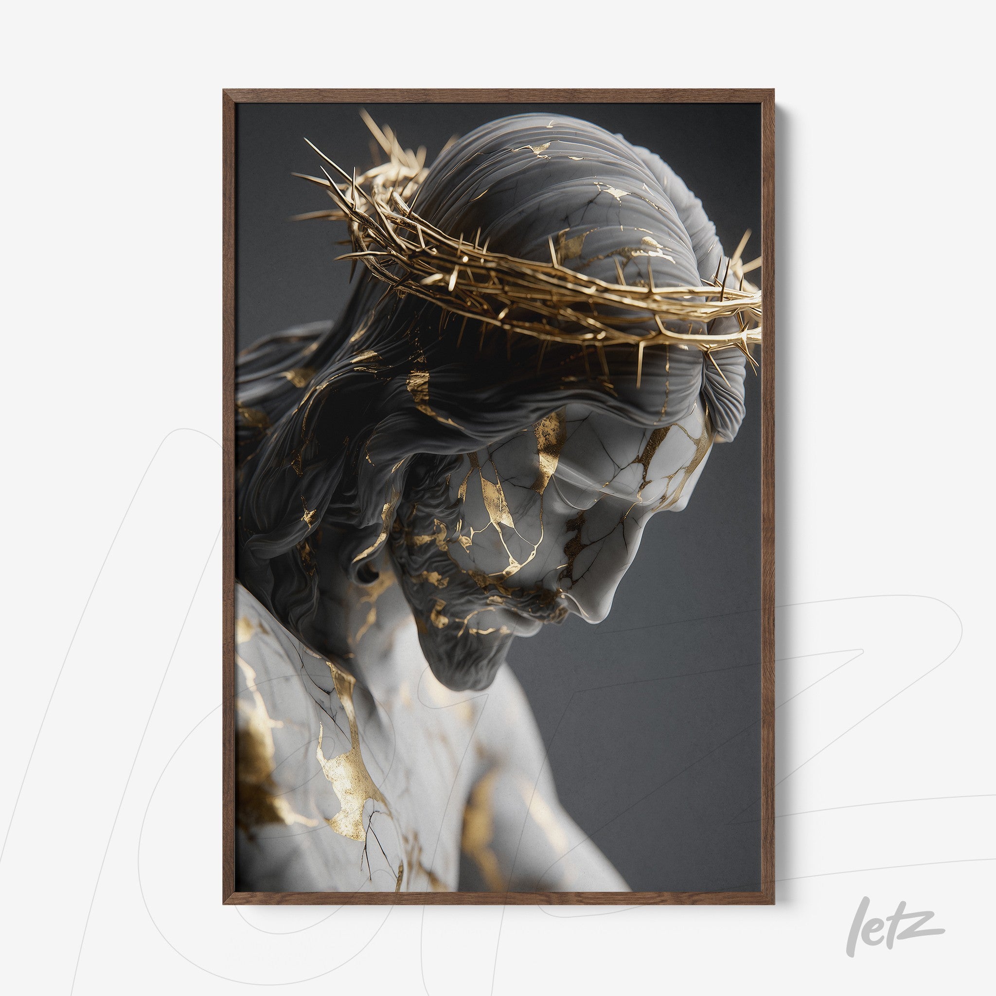 framed artwork featuring a sculpture of Christ with gold detailing and dark wood frame