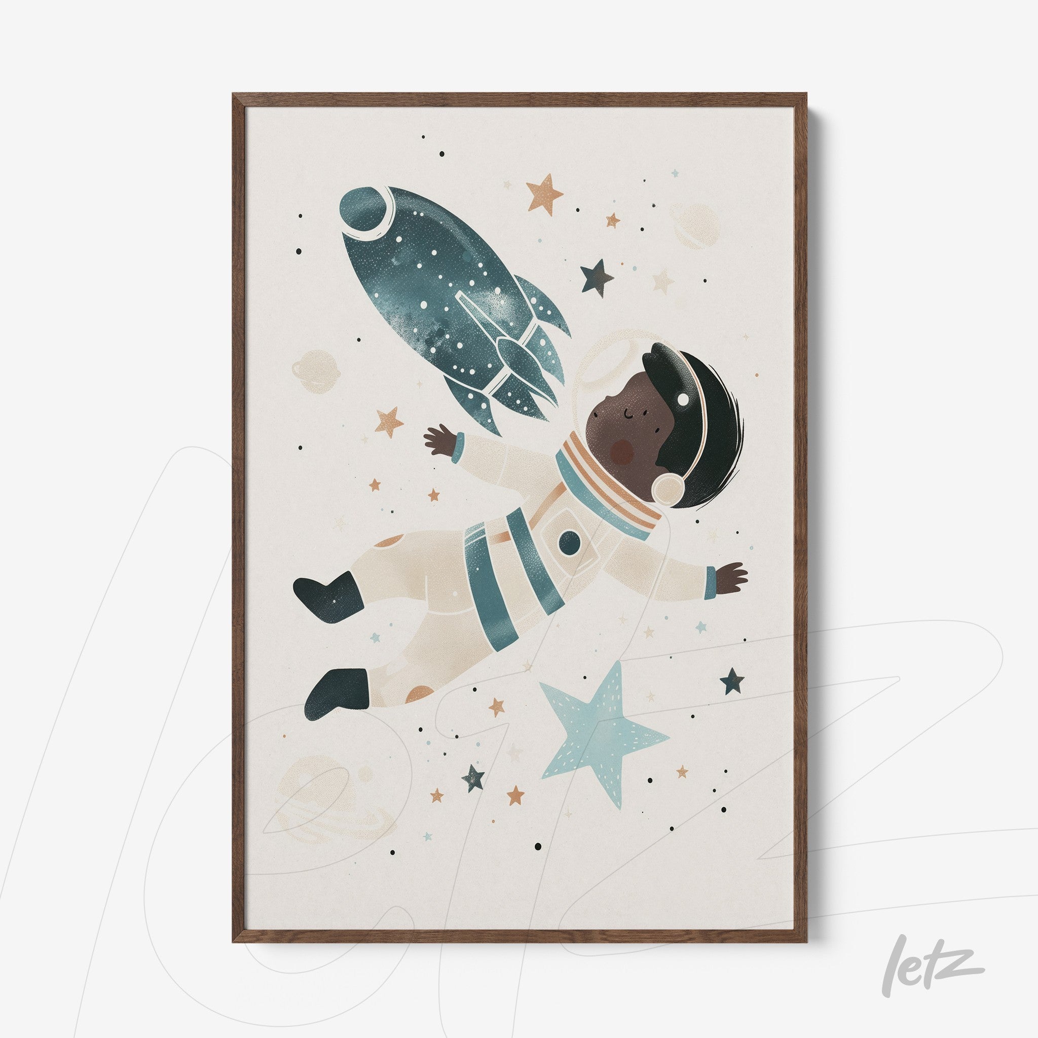 framed children's illustration of an astronaut floating in space with a rocket and stars on a light background