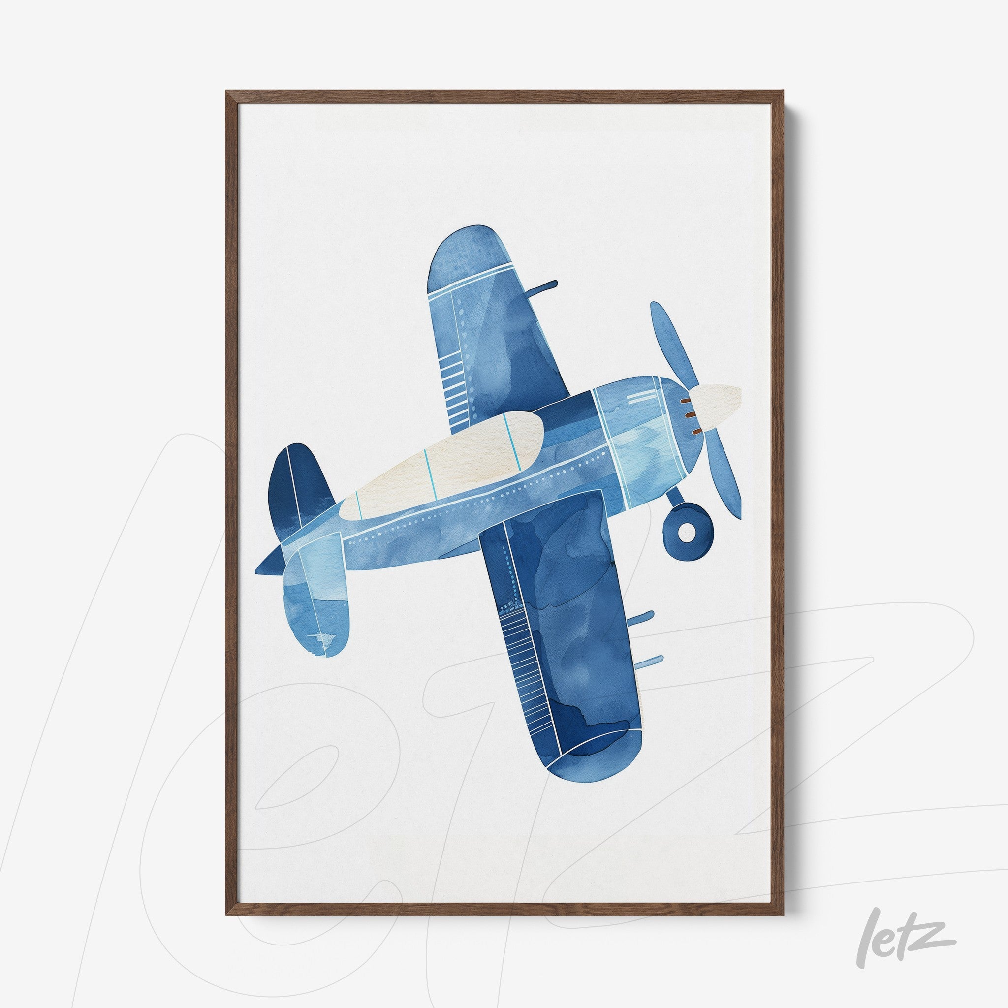 framed artwork of an airplane in shades of blue with a dark wooden frame