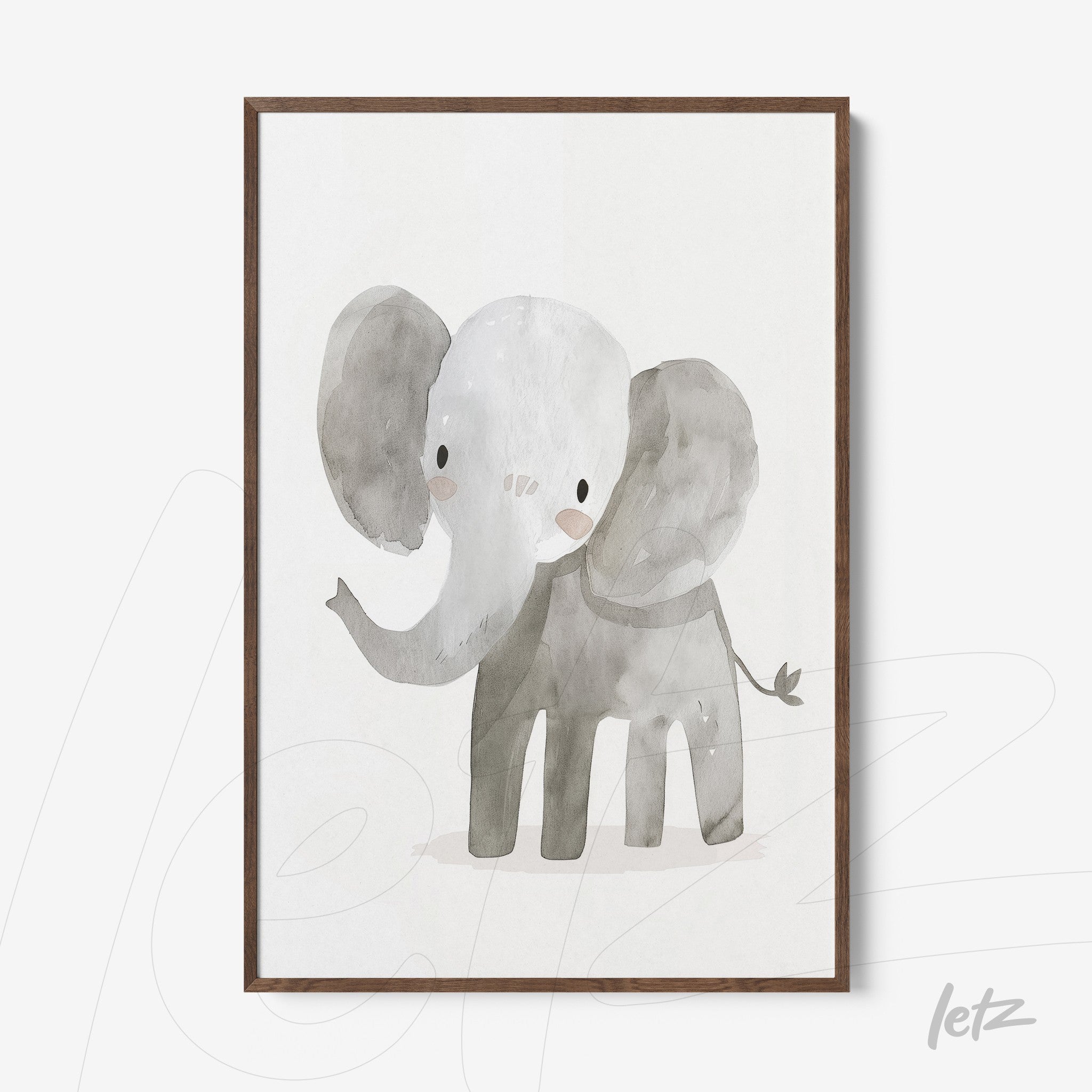 framed artwork of a cute gray elephant illustration with wooden frame