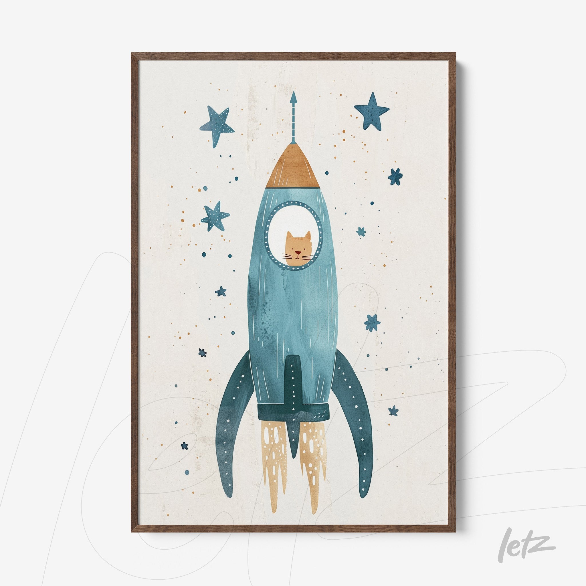 framed illustration of a rocket in shades of blue and brown featuring a cat in the cockpit surrounded by stars on a light background