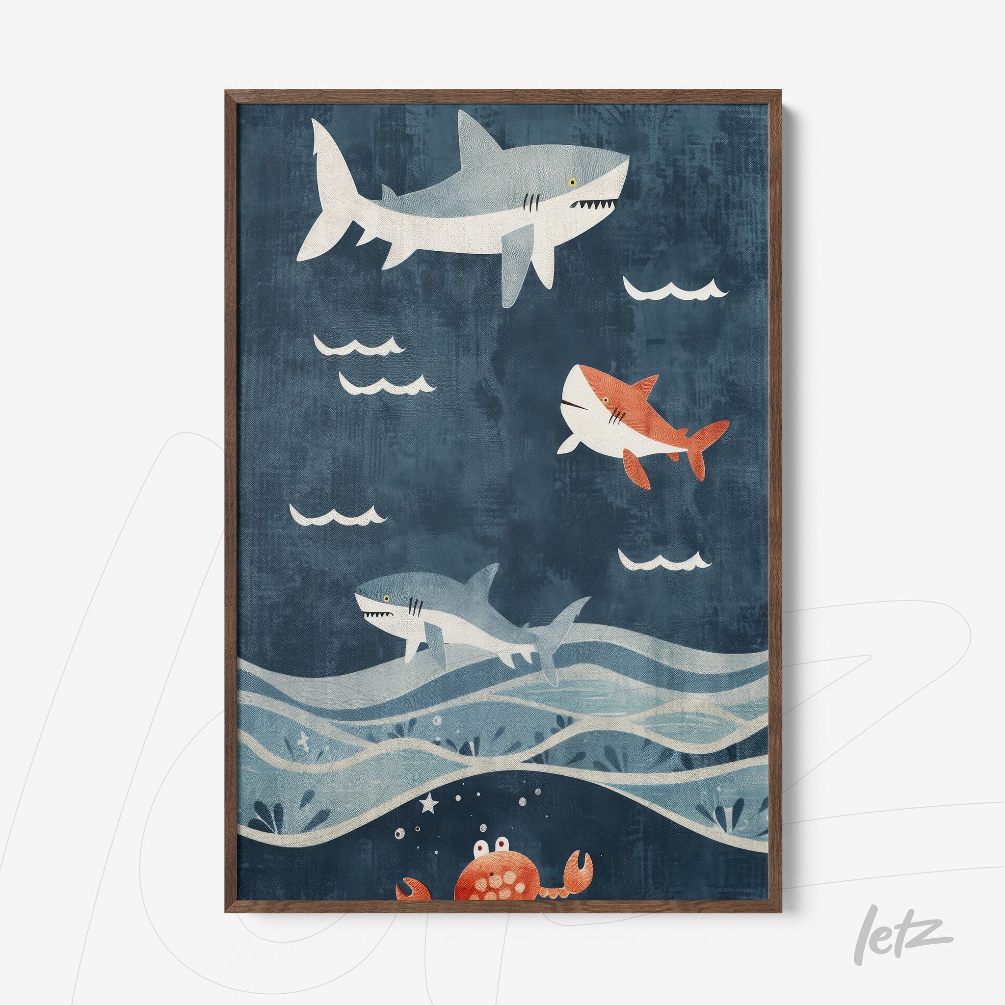 framed illustration of sharks swimming in a blue background with waves and a red crab at the bottom