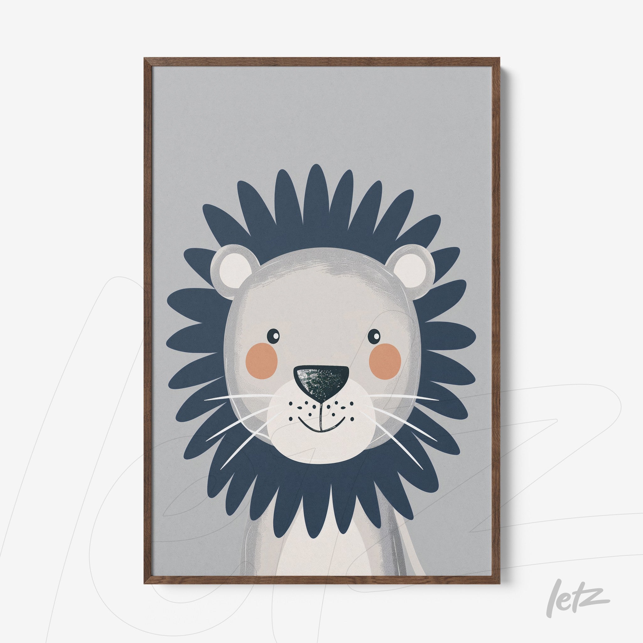 framed wall art featuring a cute lion illustration on gray background with light wood frame