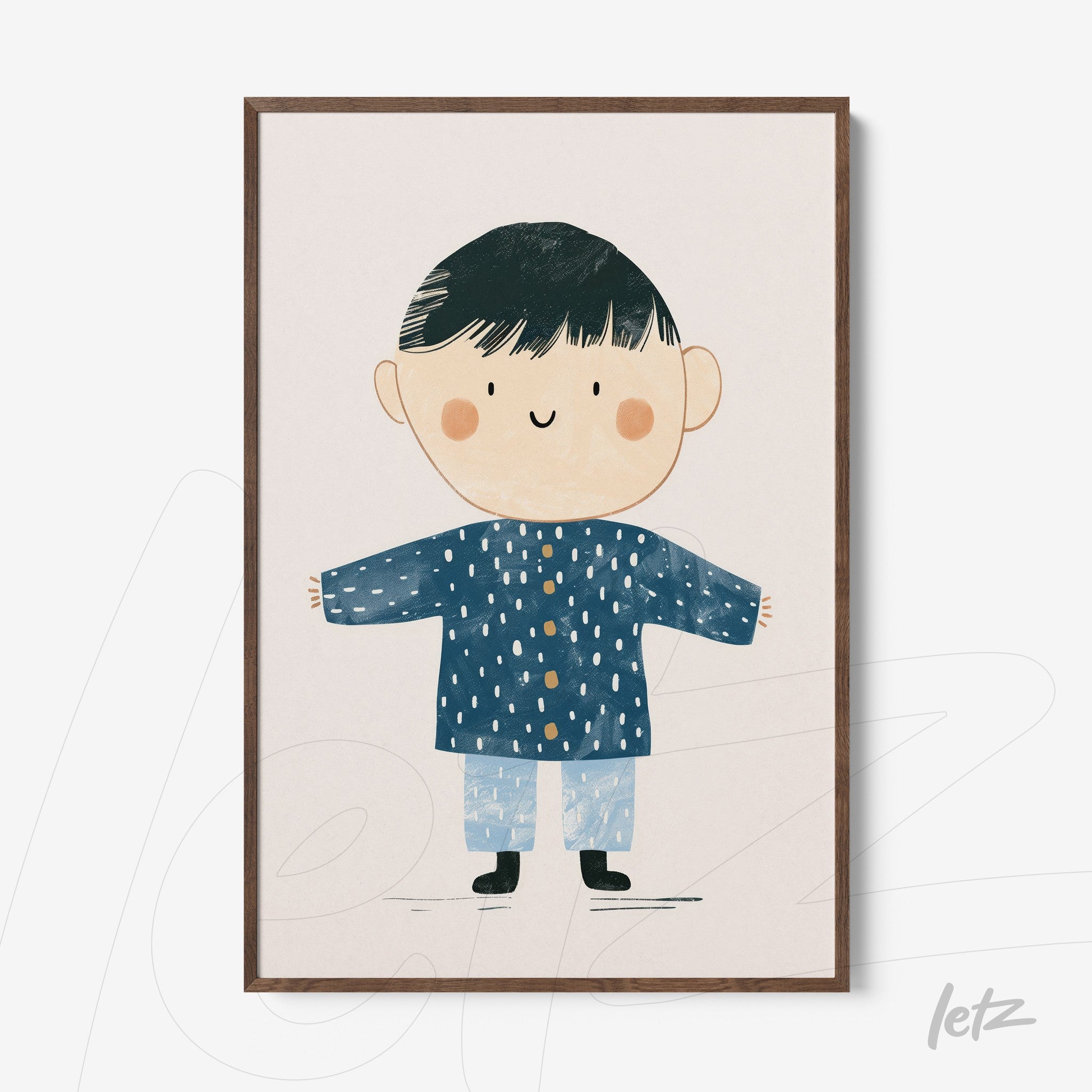 framed wall art featuring a child illustration of a boy in a blue coat with light background