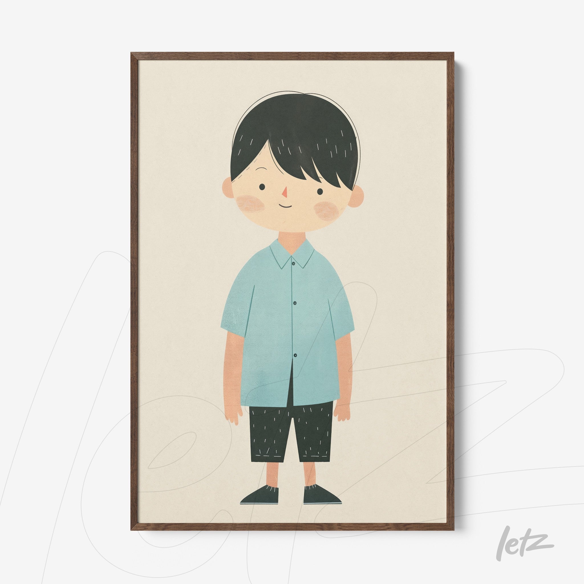 framed wall art featuring a cute illustration of a boy in a light blue shirt and black pants with dark hair