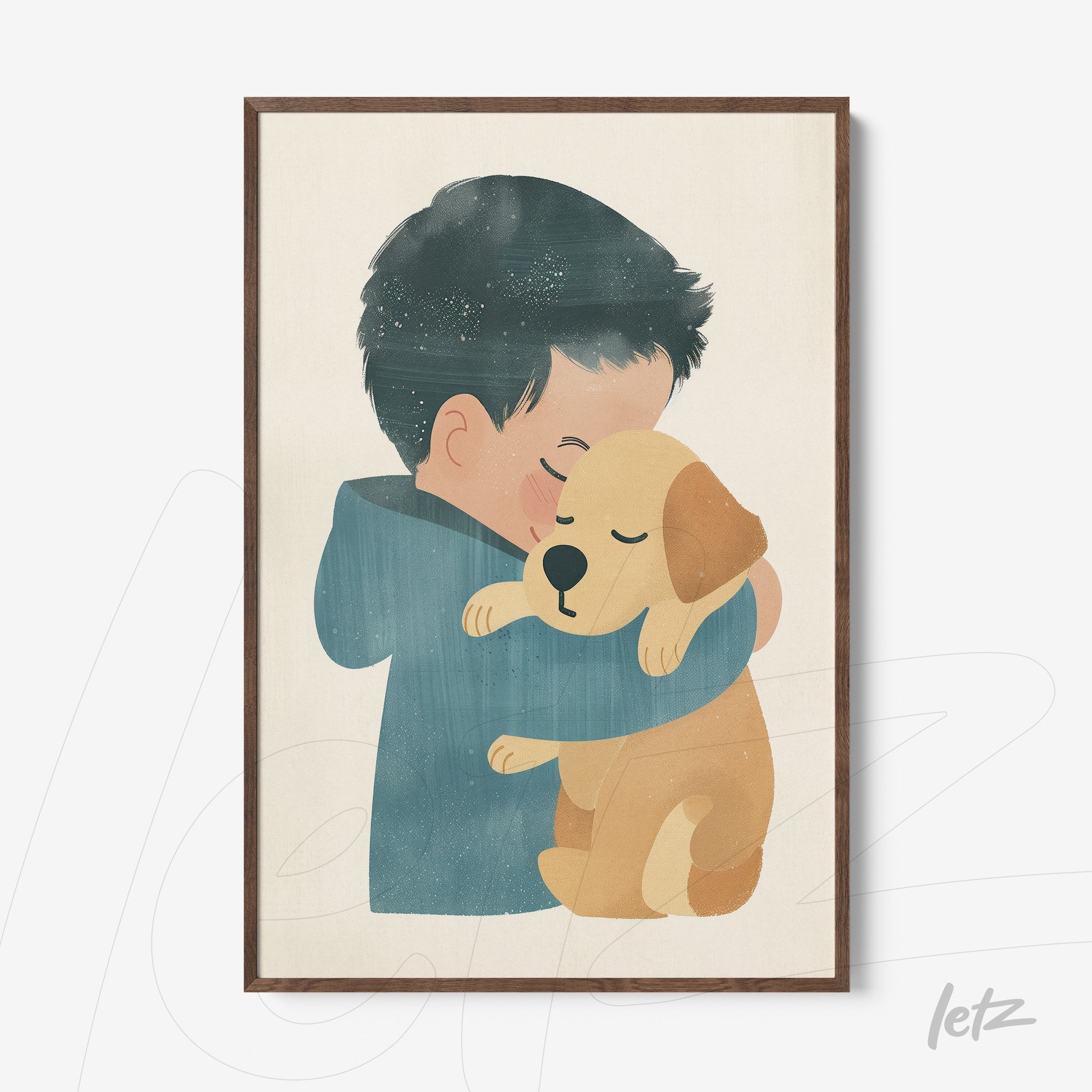 framed illustration of a boy hugging a dog with a dark wooden frame