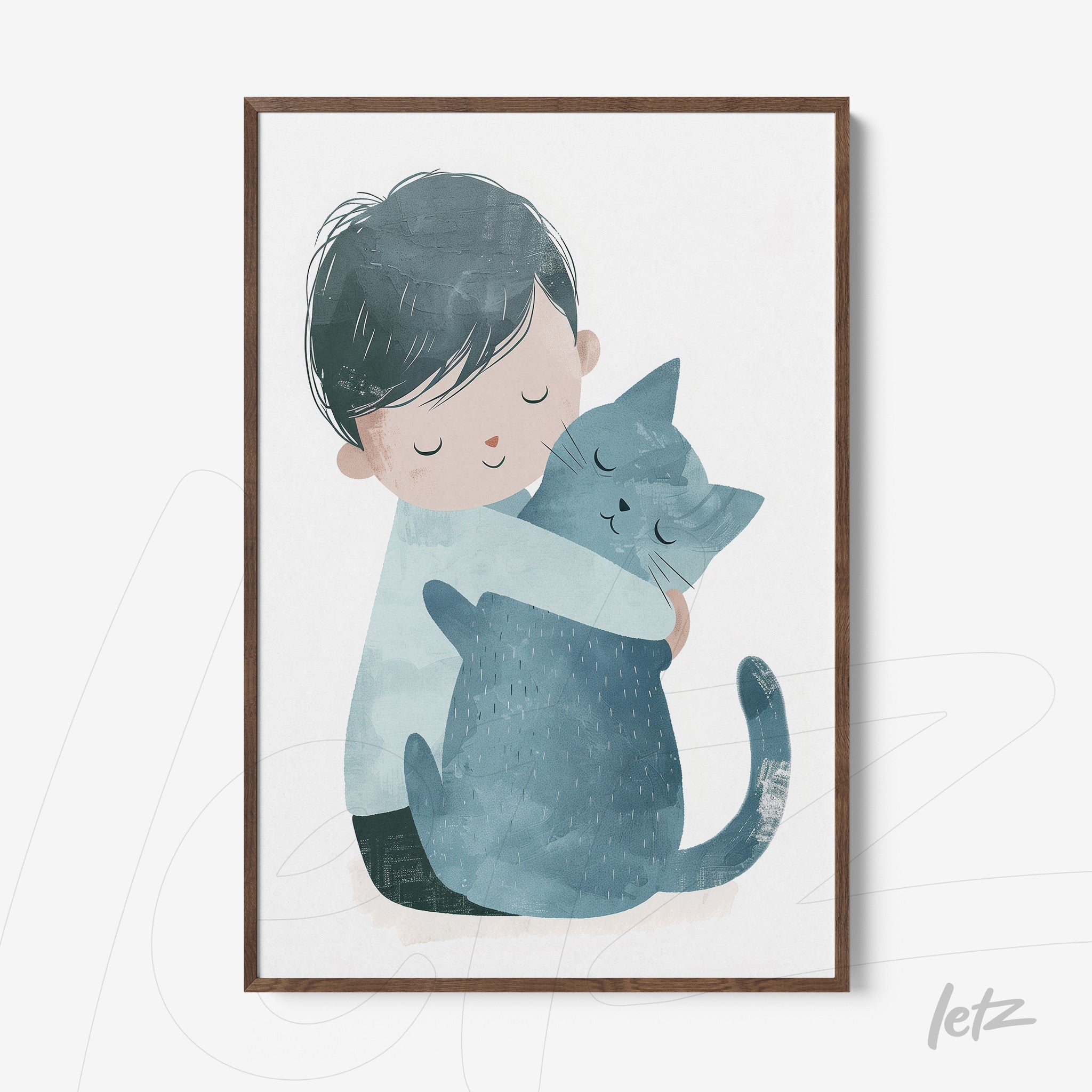 framed wall art featuring a child hugging a blue cat in light wood frame