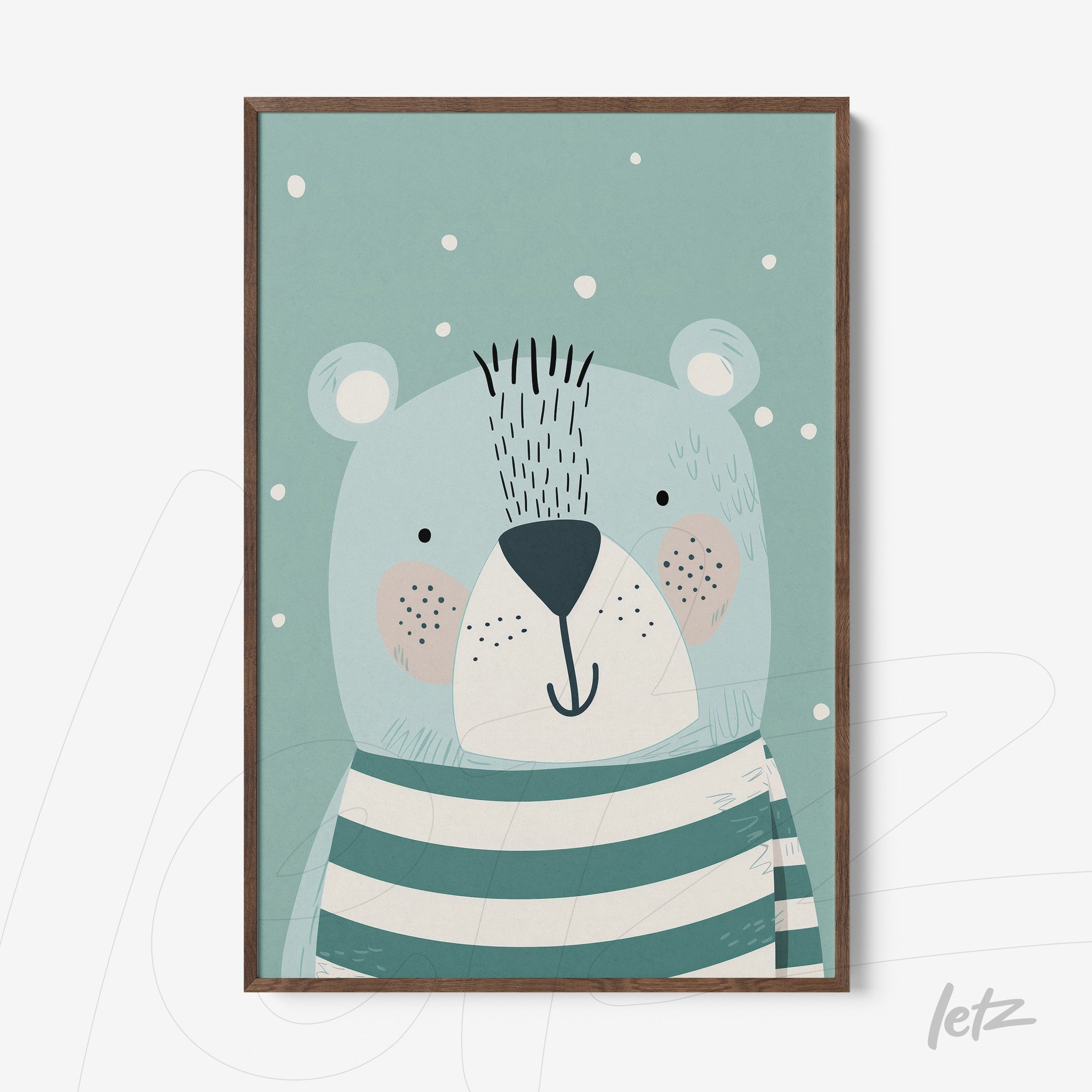 framed art of a blue bear with stripes on a light green background, featuring a dark wood frame