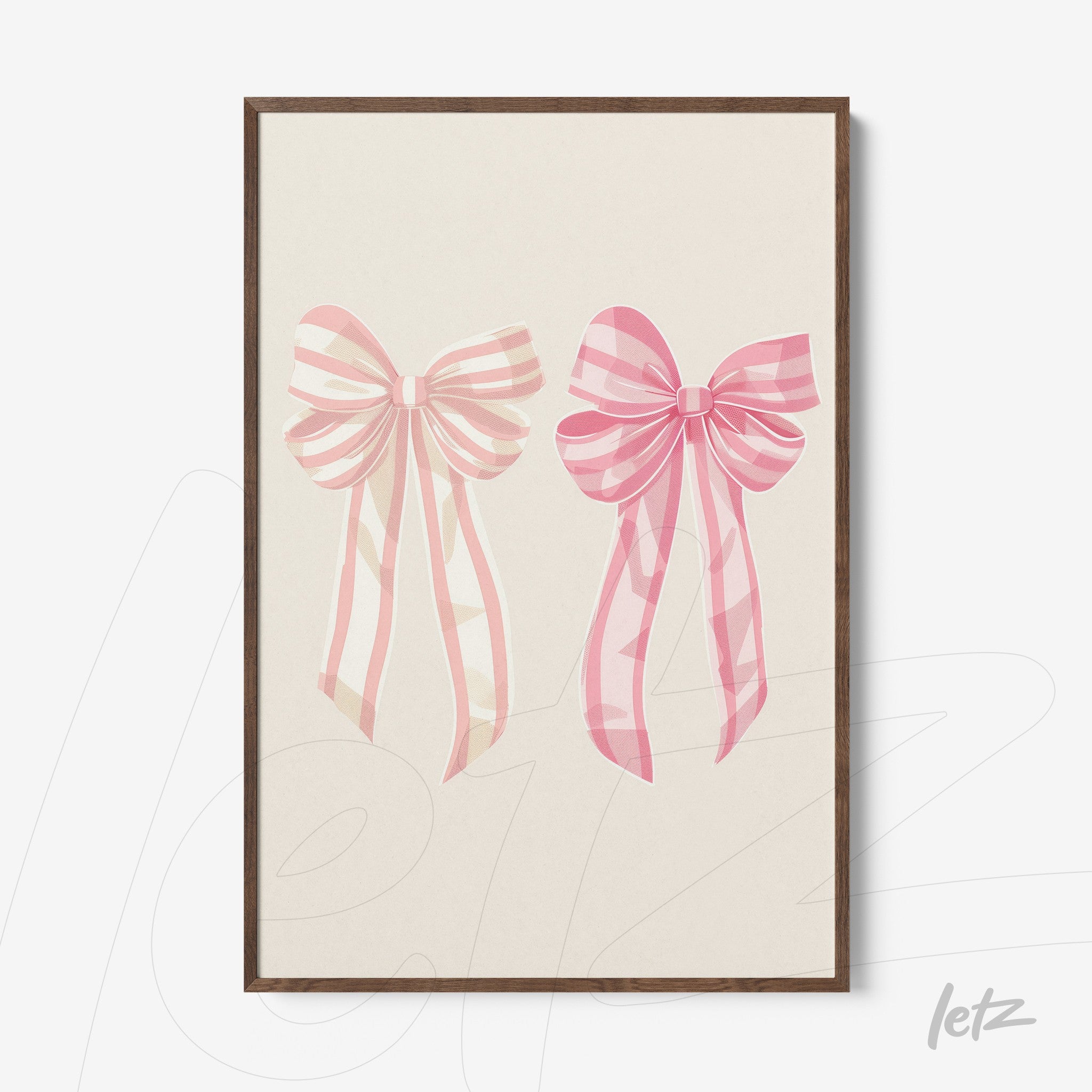 framed artwork featuring pink ribbon illustrations with dark wooden frame