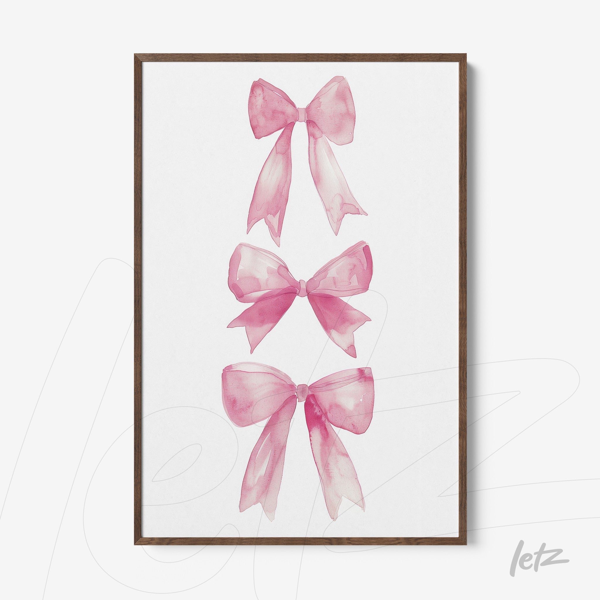 framed artwork with three pink watercolor bows on white background