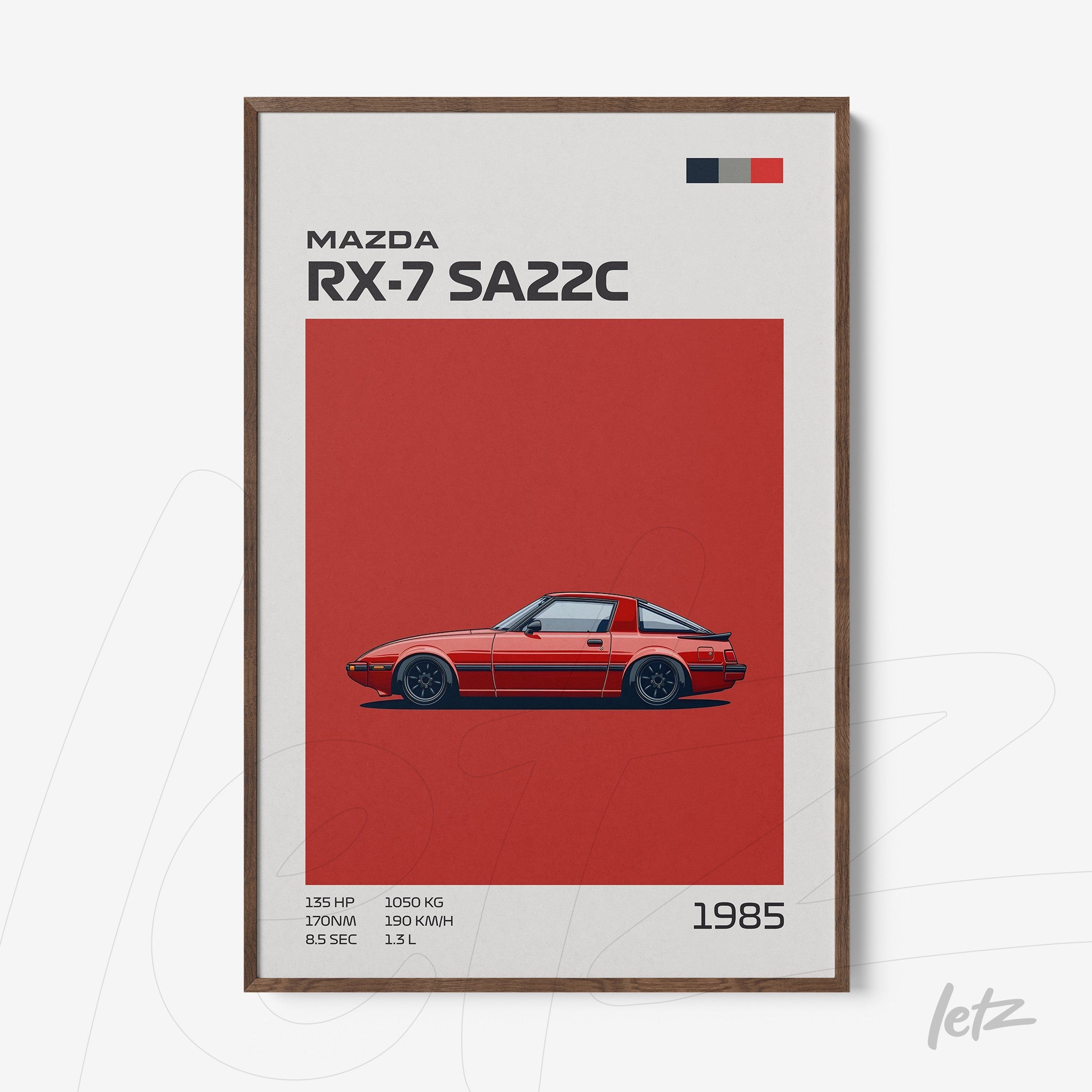 framed retro illustration of Mazda RX-7 SA22C car with dark wood frame, red background featuring white and black accents