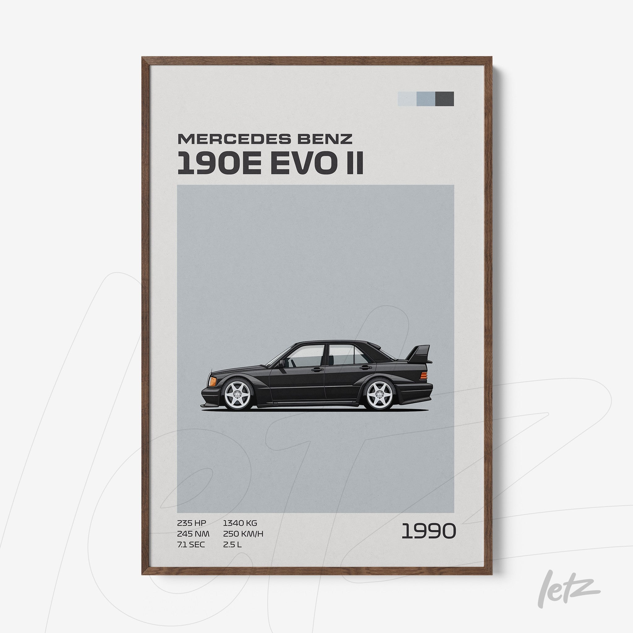 framed graphic art of the Mercedes Benz 190E EVO II with dark wood frame