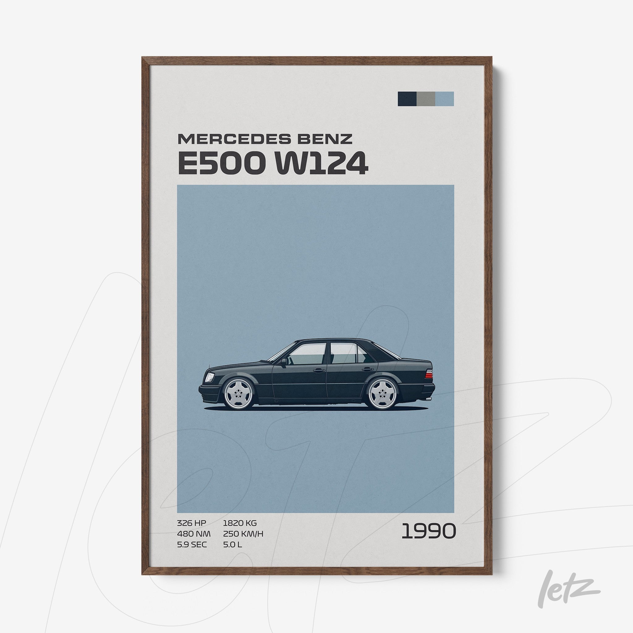 minimalist framed art of a 1990 mercedes benz e500 w124 in light blue background with dark wood frame