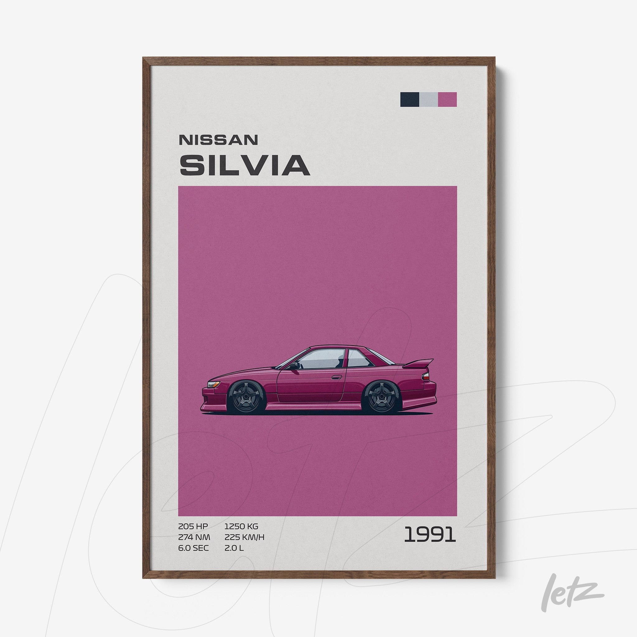 framed artwork featuring the 1991 Nissan Silvia in vibrant pink background with dark wooden frame
