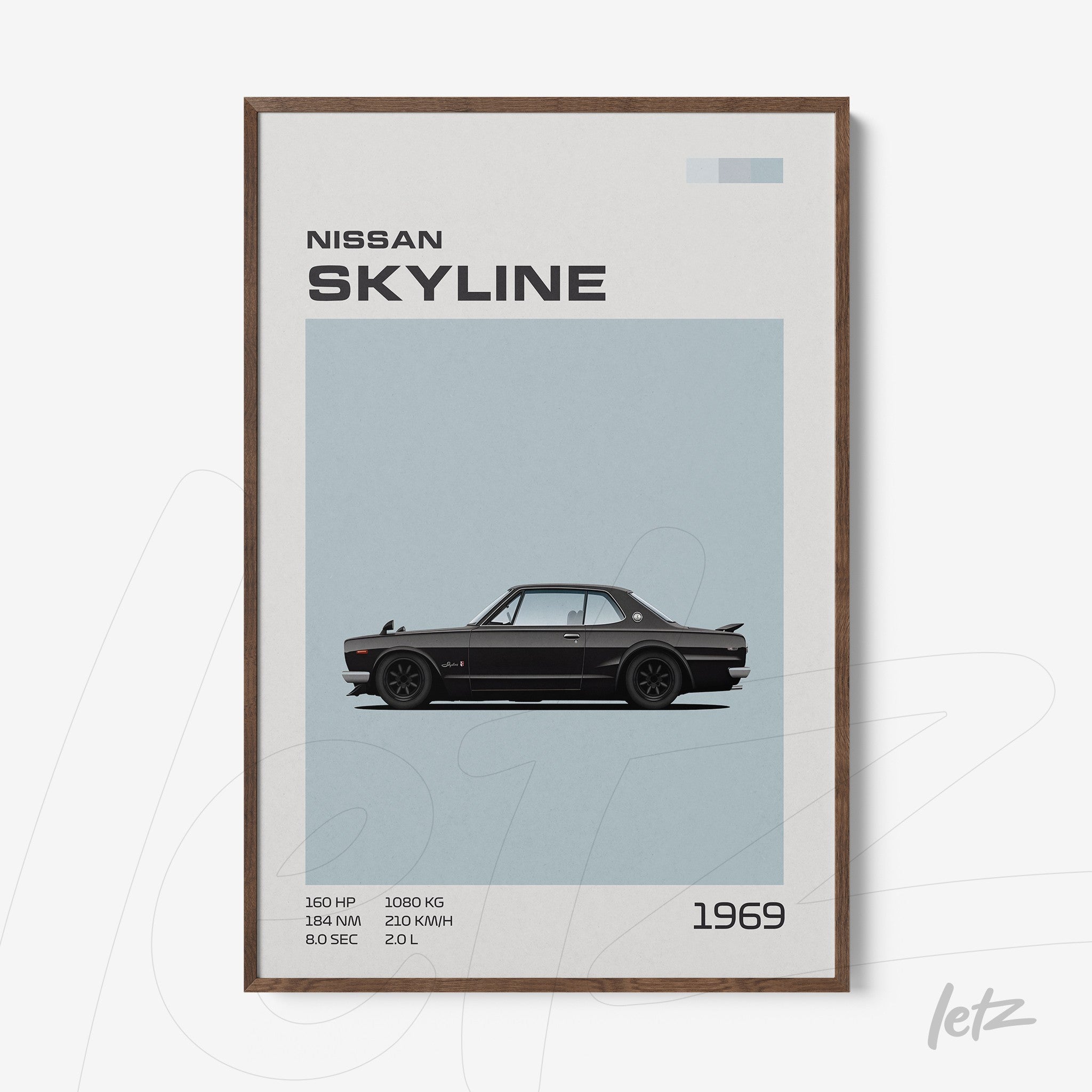 minimalist framed art featuring the 1969 Nissan Skyline car with dark wood frame