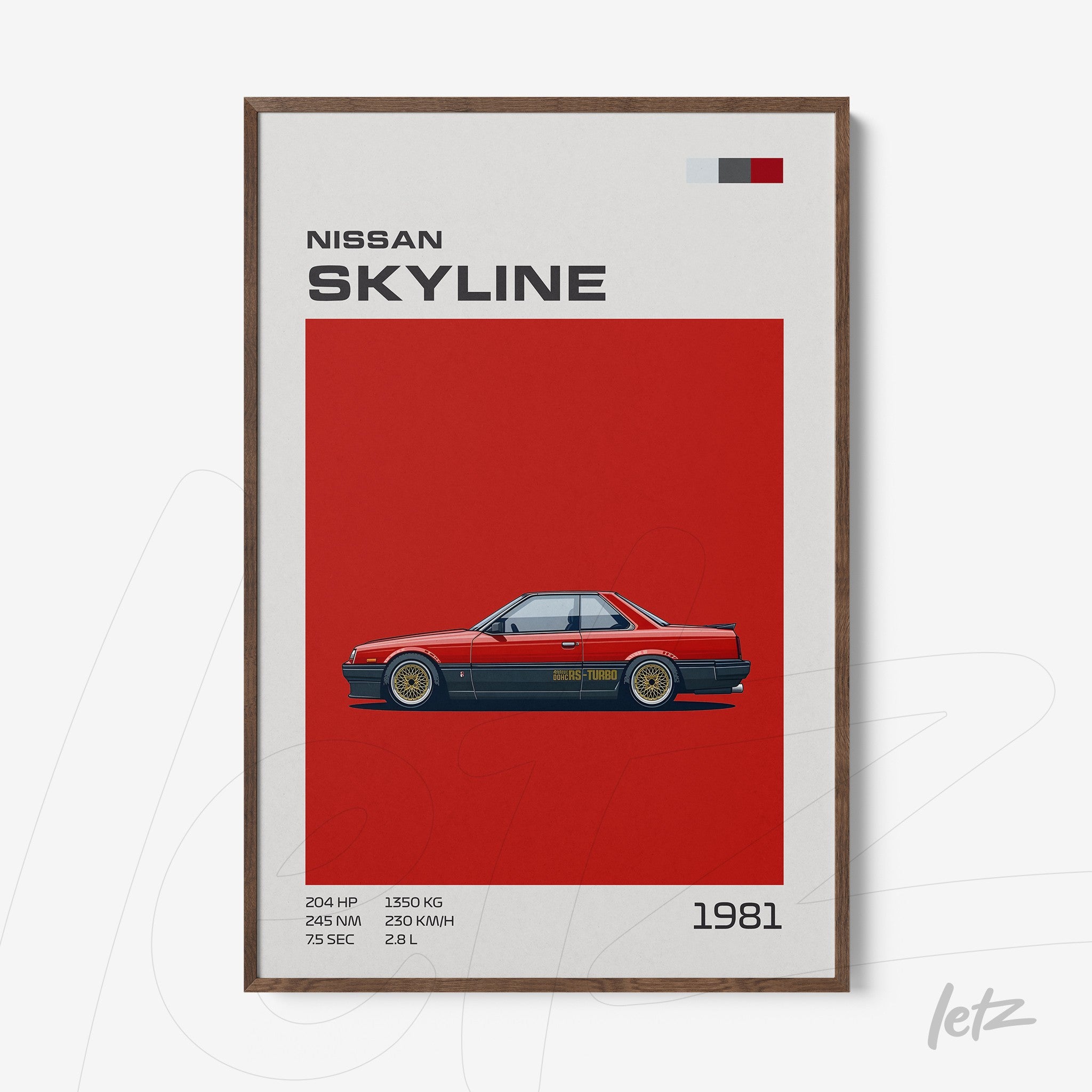 framed digital artwork of a 1981 Nissan Skyline car with a dark wood frame and red background
