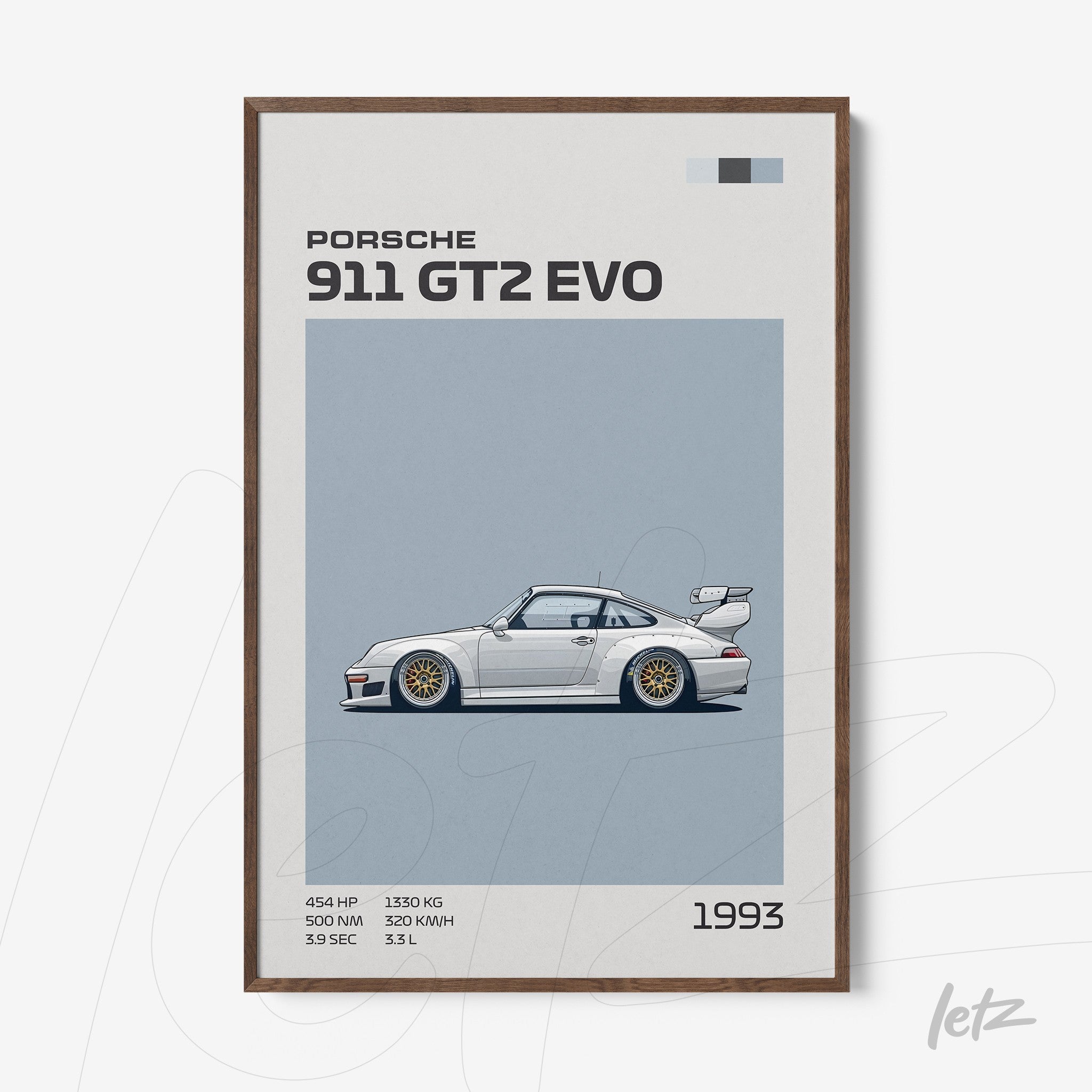 framed art of a 1993 Porsche 911 GT2 EVO sports car with light wooden frame