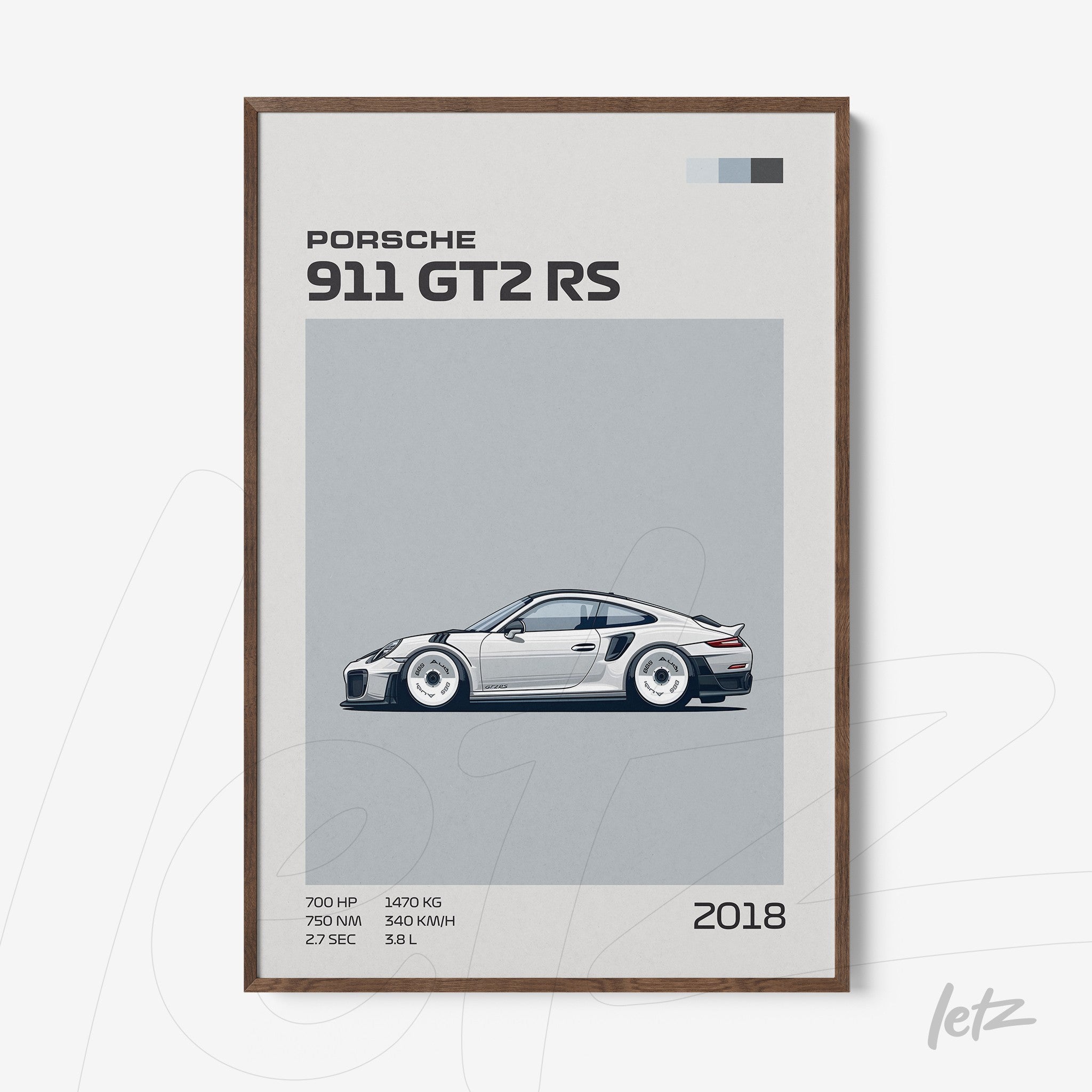 framed minimalist illustration of a 2018 Porsche 911 GT2 RS with dark wood frame