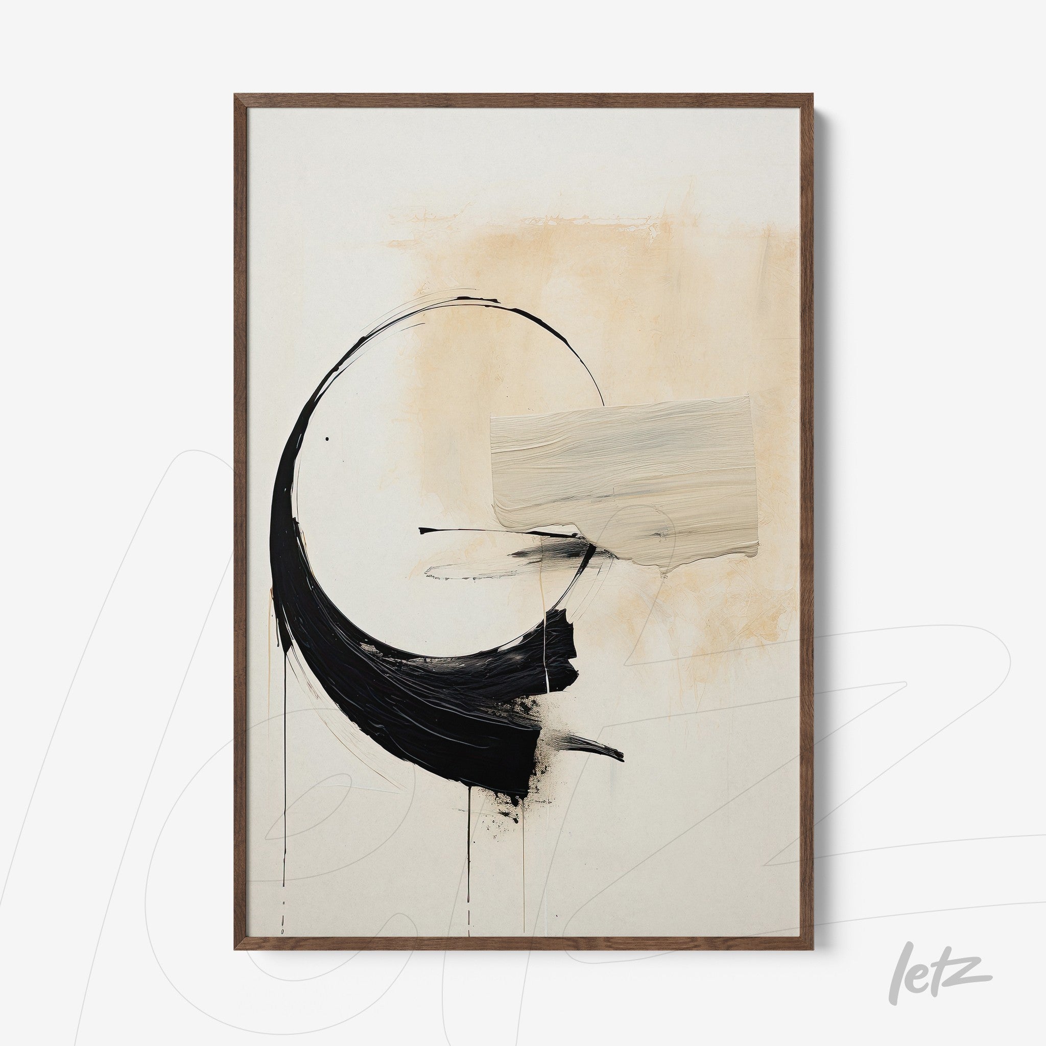 abstract wall art featuring curved shapes in black and cream with dark wooden frame