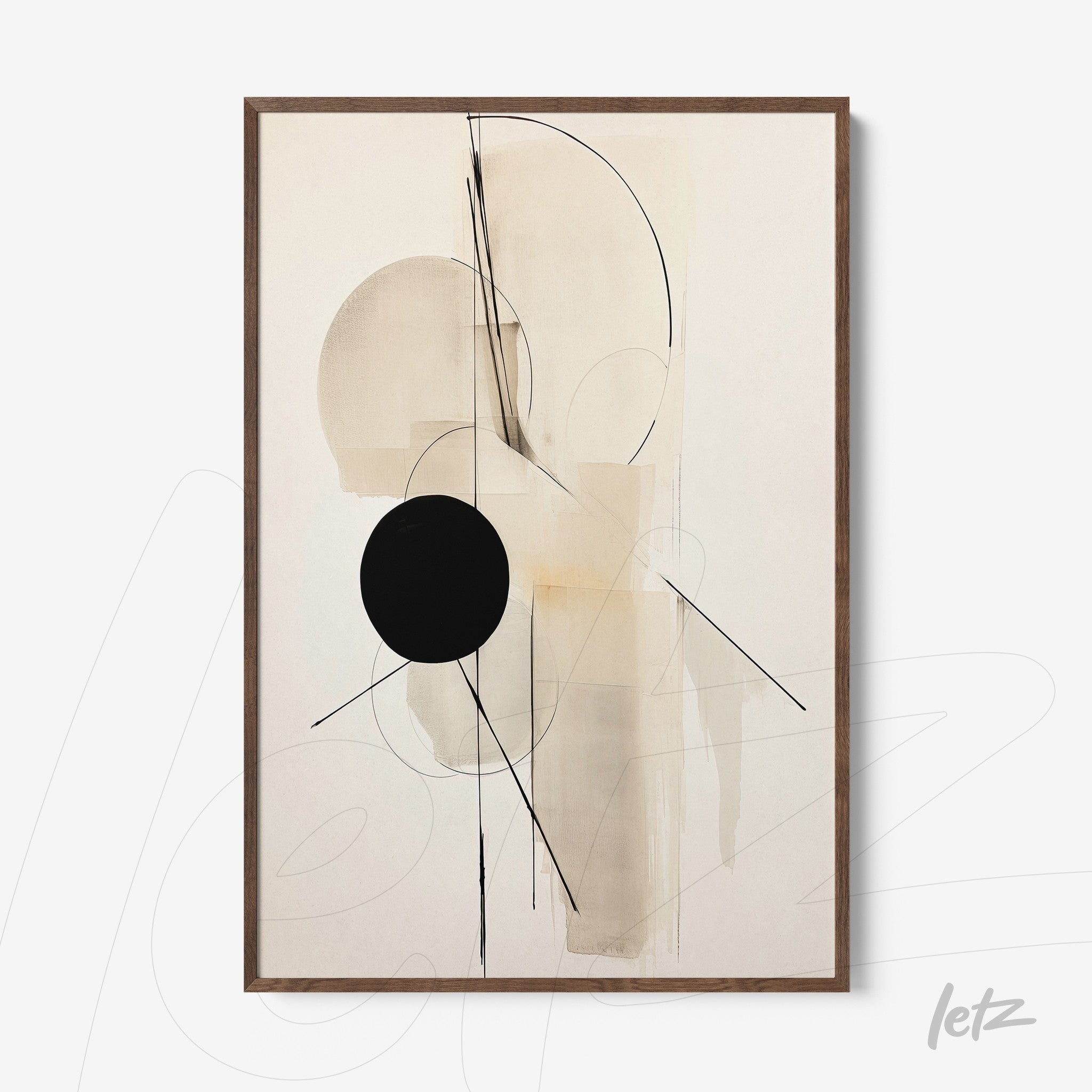 abstract wall art in neutral tones featuring geometric shapes and a black circle in a light wood frame