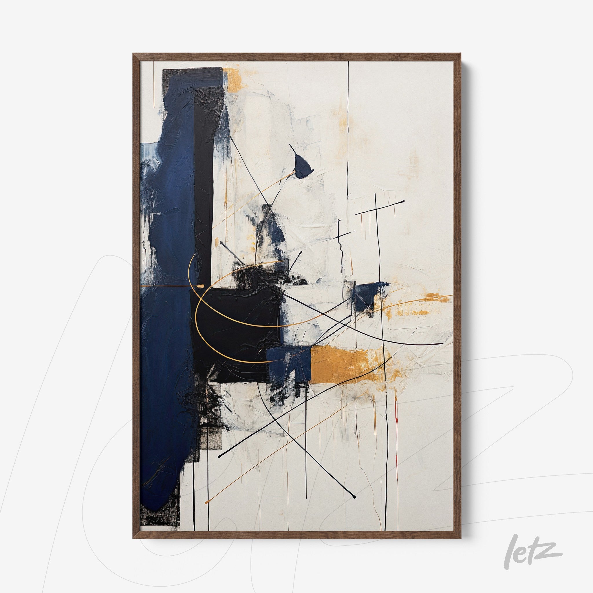 modern artwork featuring abstract design in shades of blue, black, and yellow, framed in light wood