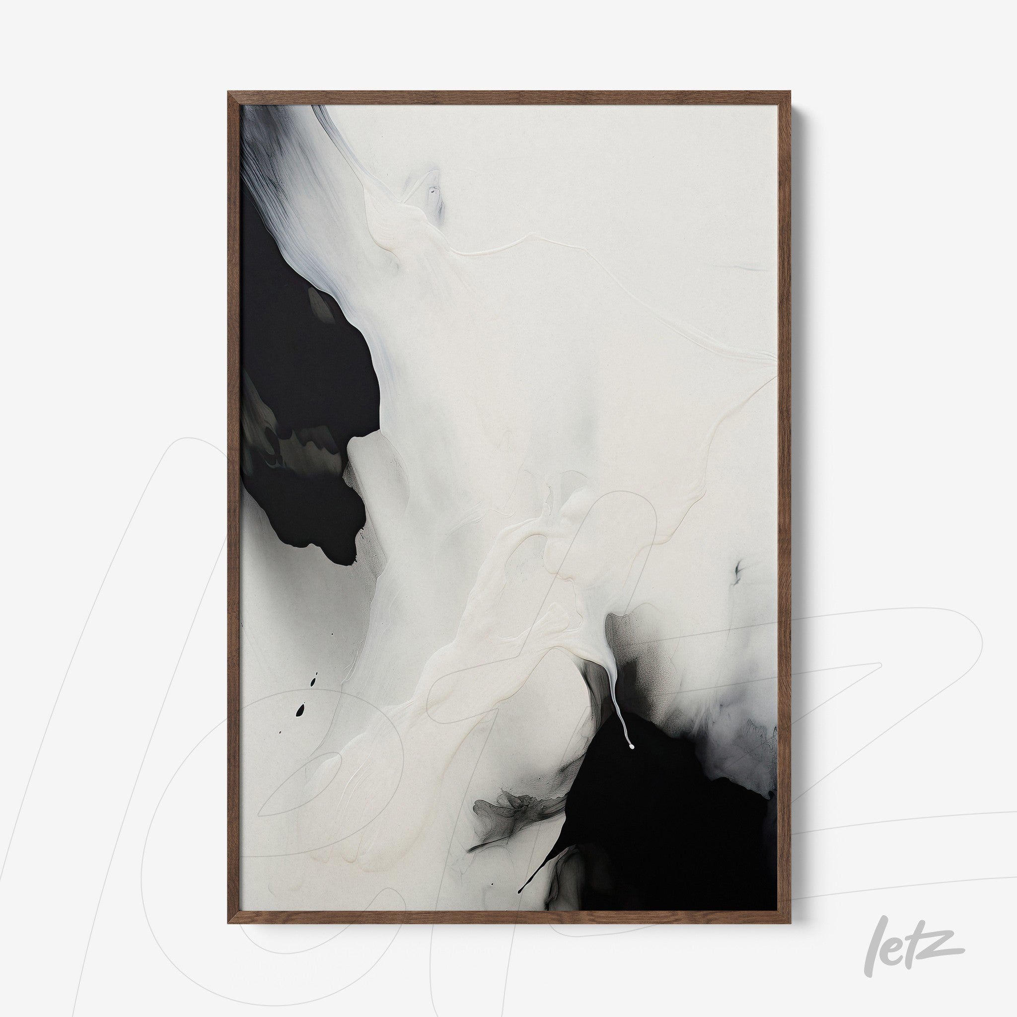 abstract wall art in black and white with light wood frame featuring fluid shapes