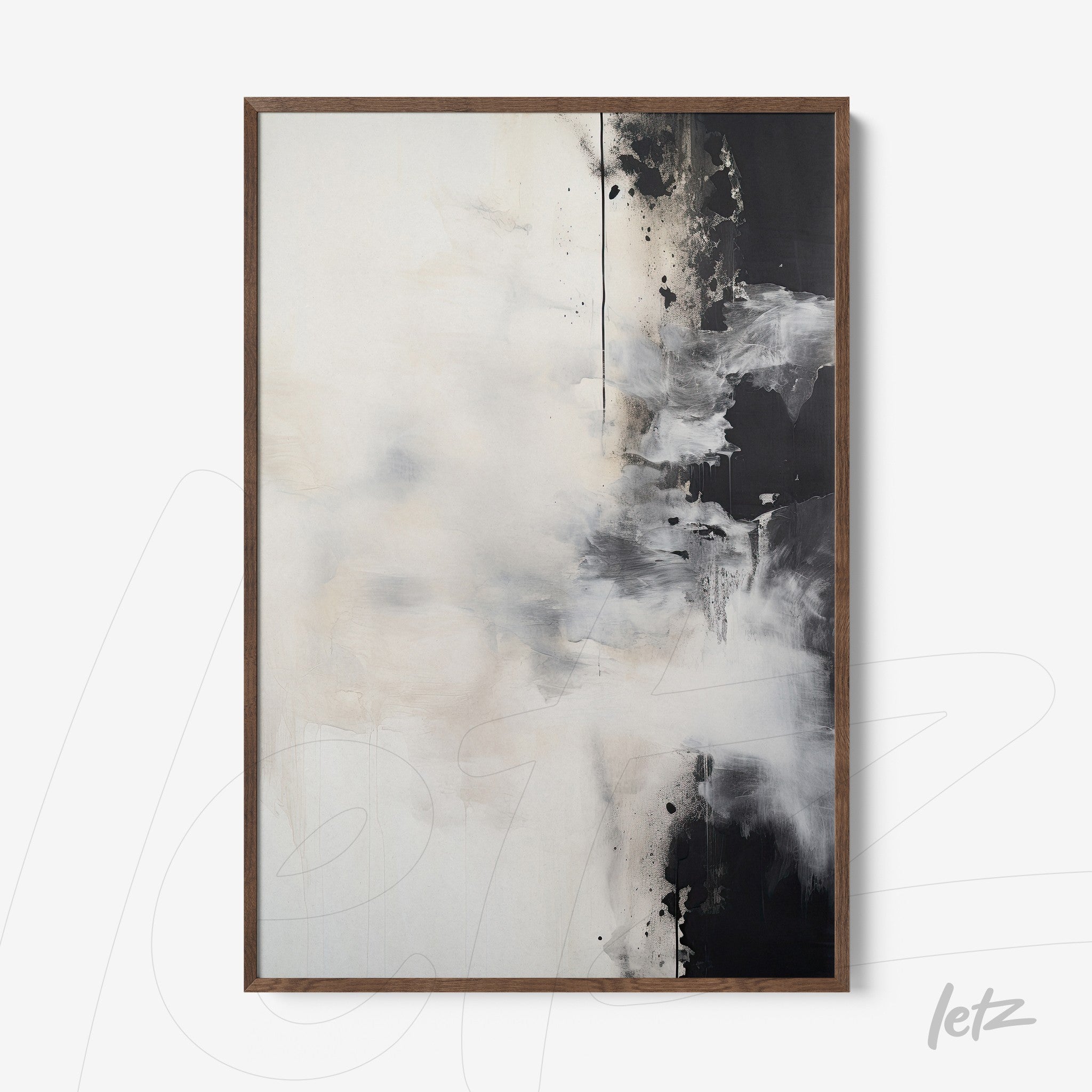 abstract wall art in black and white with light wooden frame