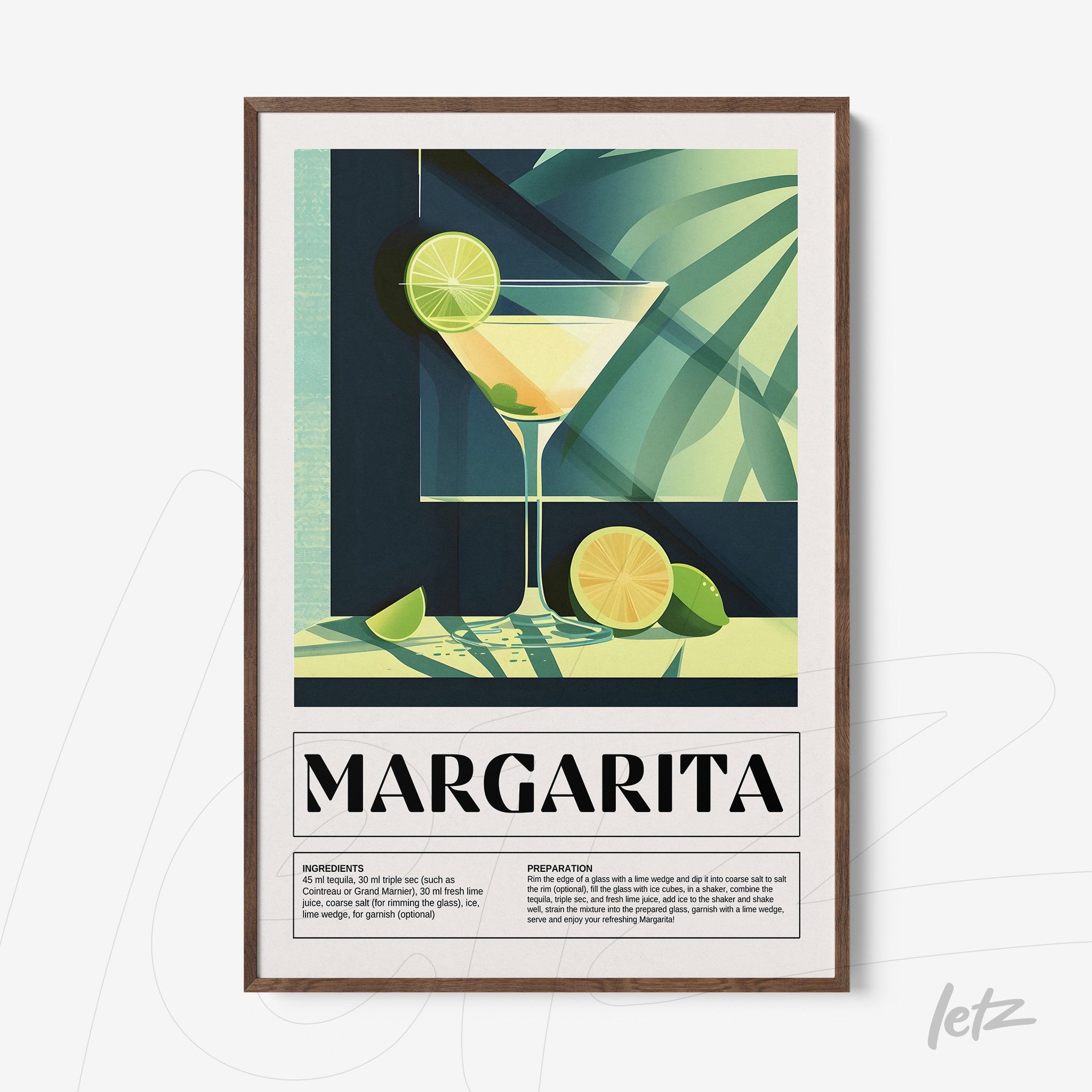 framed wall art featuring margarita cocktail illustration with lime on a green background