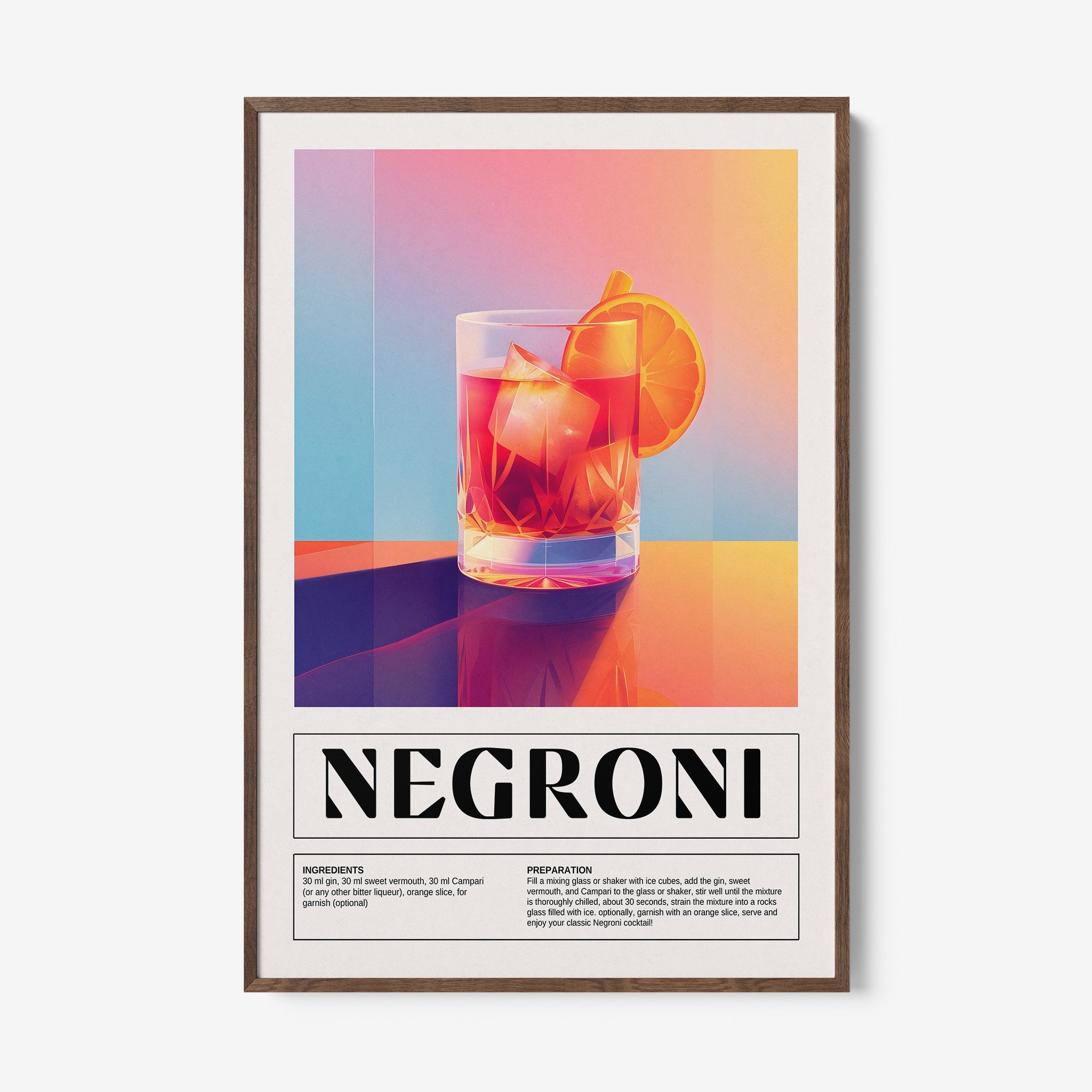 digital art of negroni cocktail in light wood frame