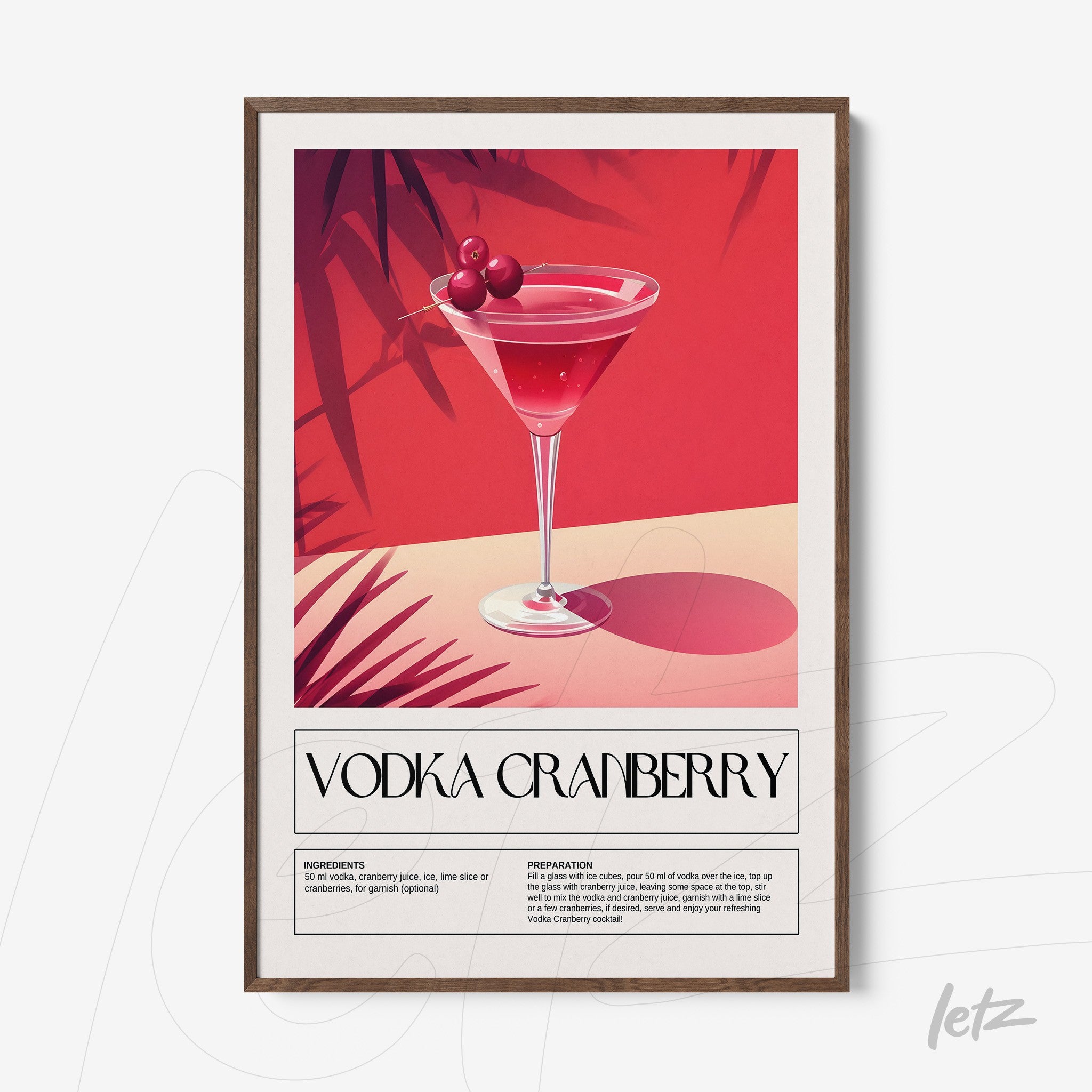 framed art of vodka cranberry cocktail with dark frame, vibrant red background featuring leaf details
