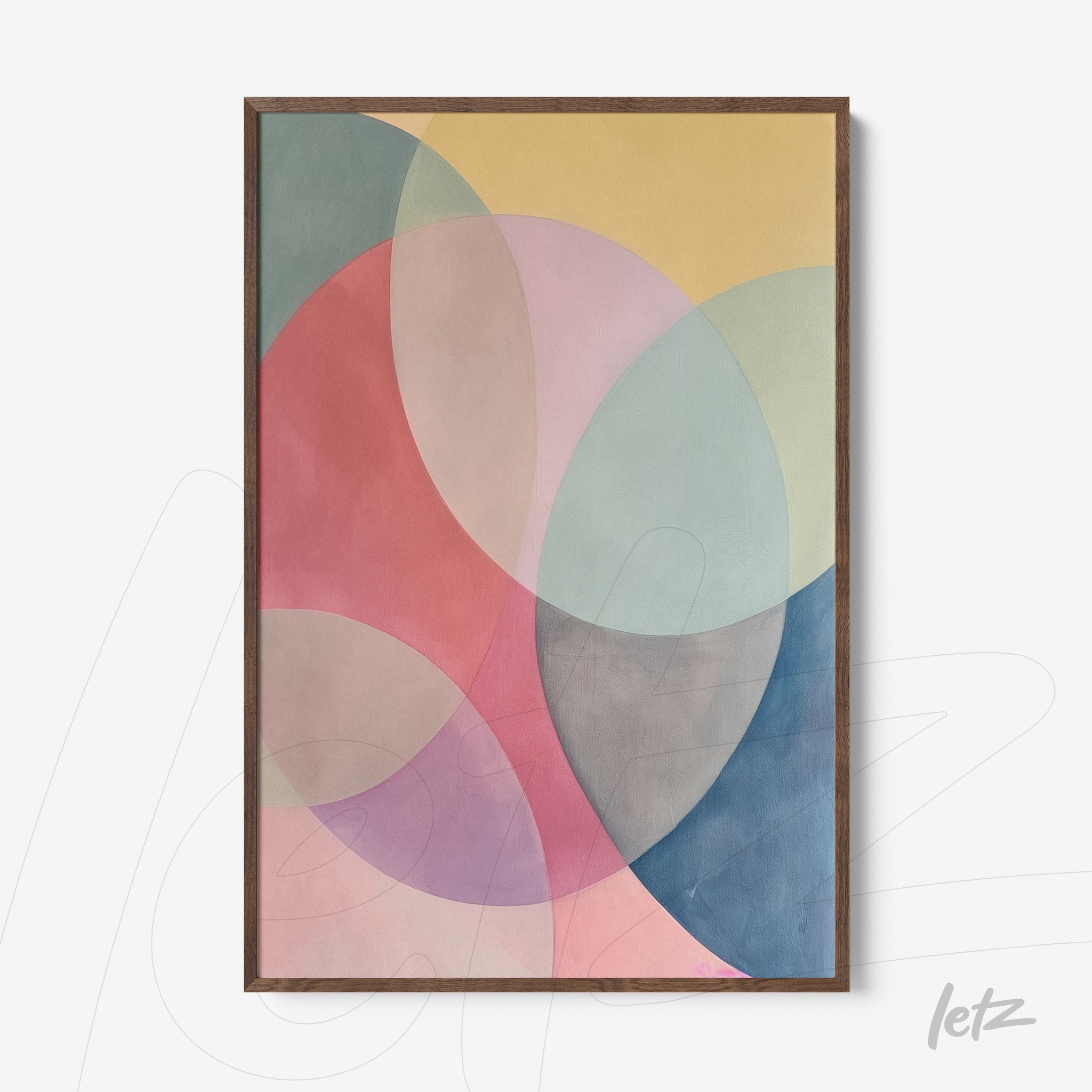 abstract wall art featuring geometric shapes in pastel colors with dark wood frame