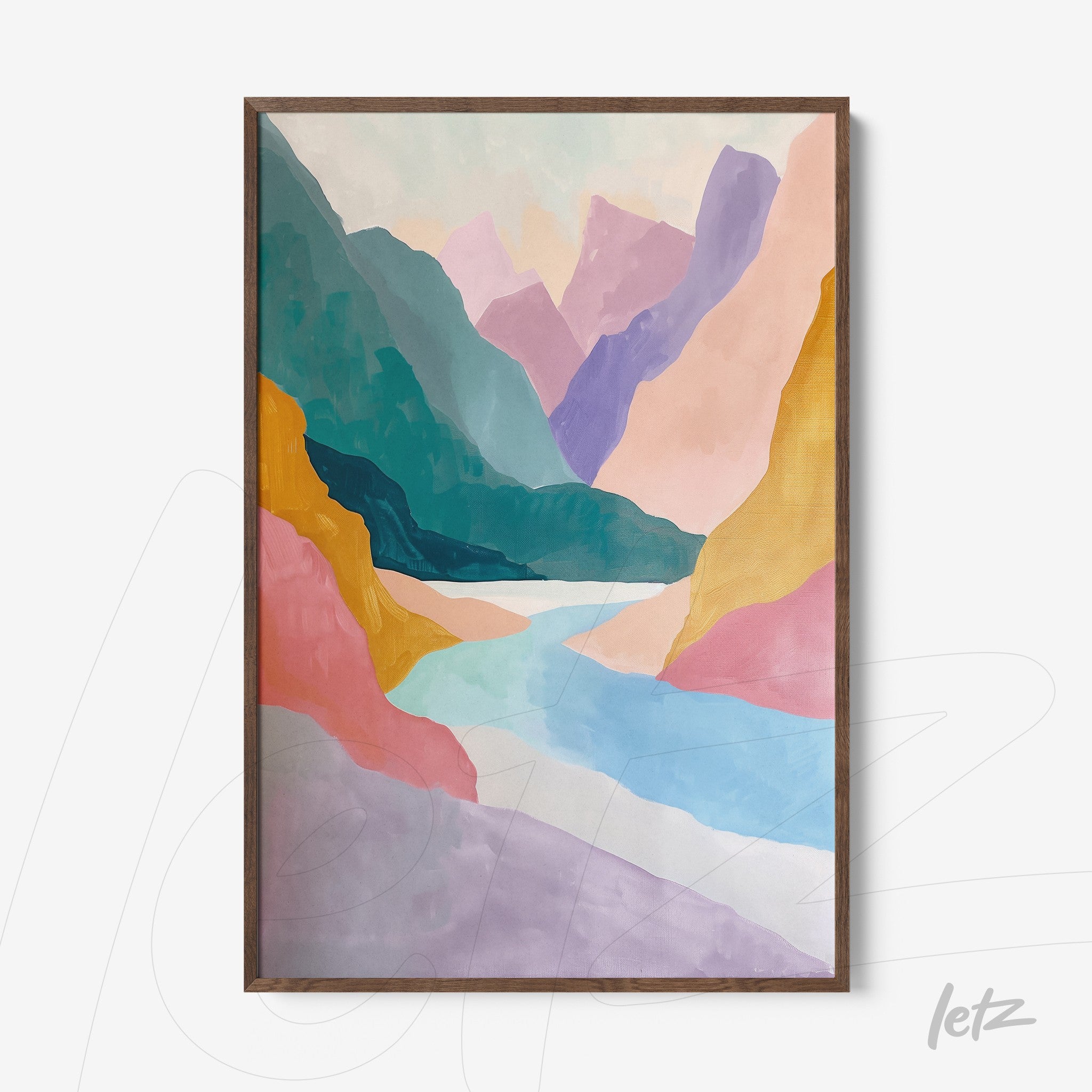 framed abstract landscape art featuring vibrant mountains and river in a dark wood frame