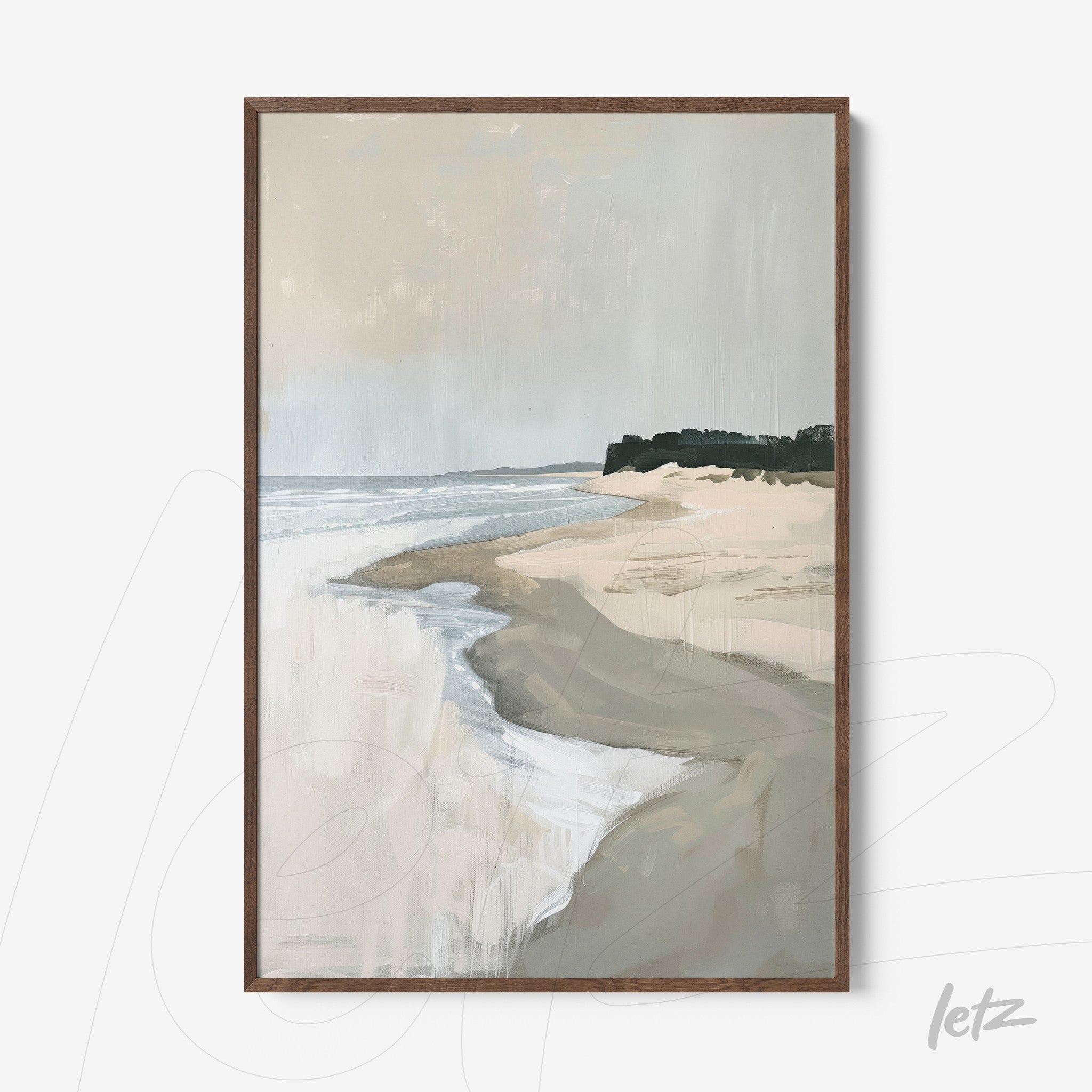 framed abstract art of a beach landscape featuring sand and sea with dark wooden frame