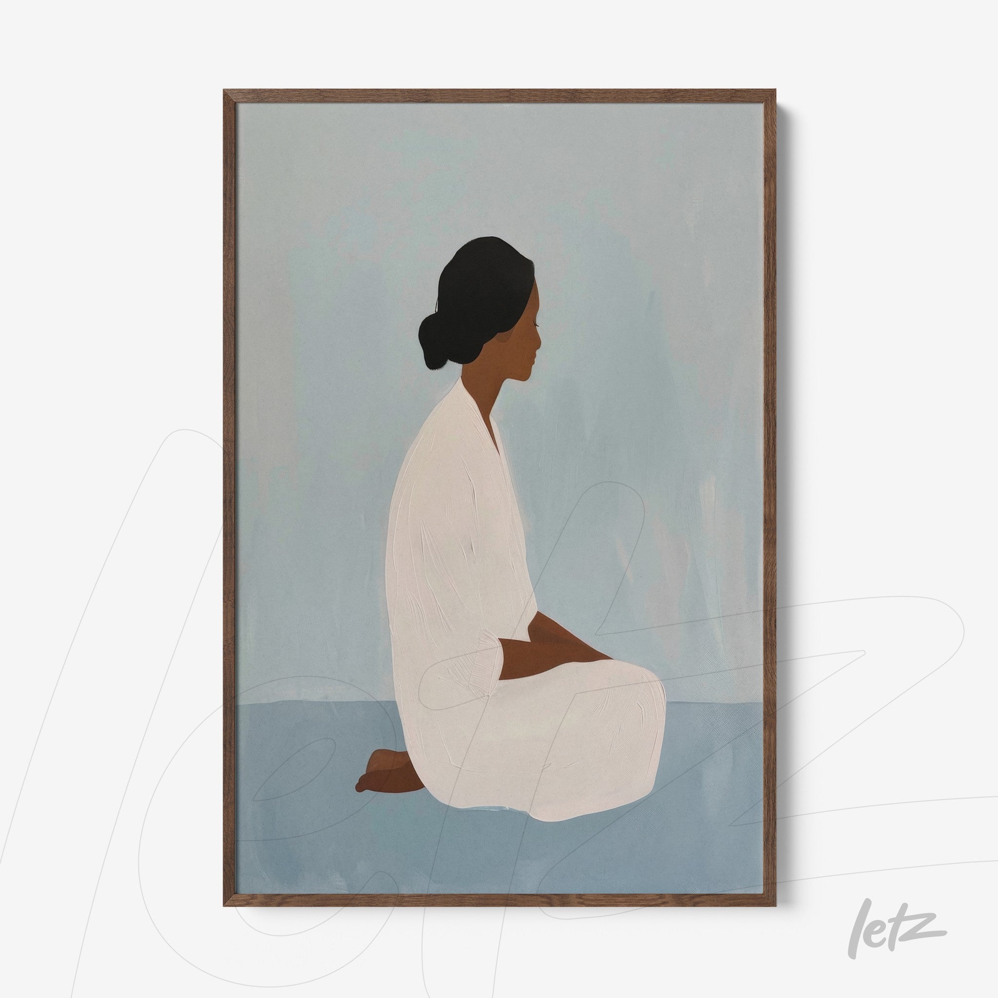 minimalist framed art of a woman sitting in profile against soft colors, dark wooden frame