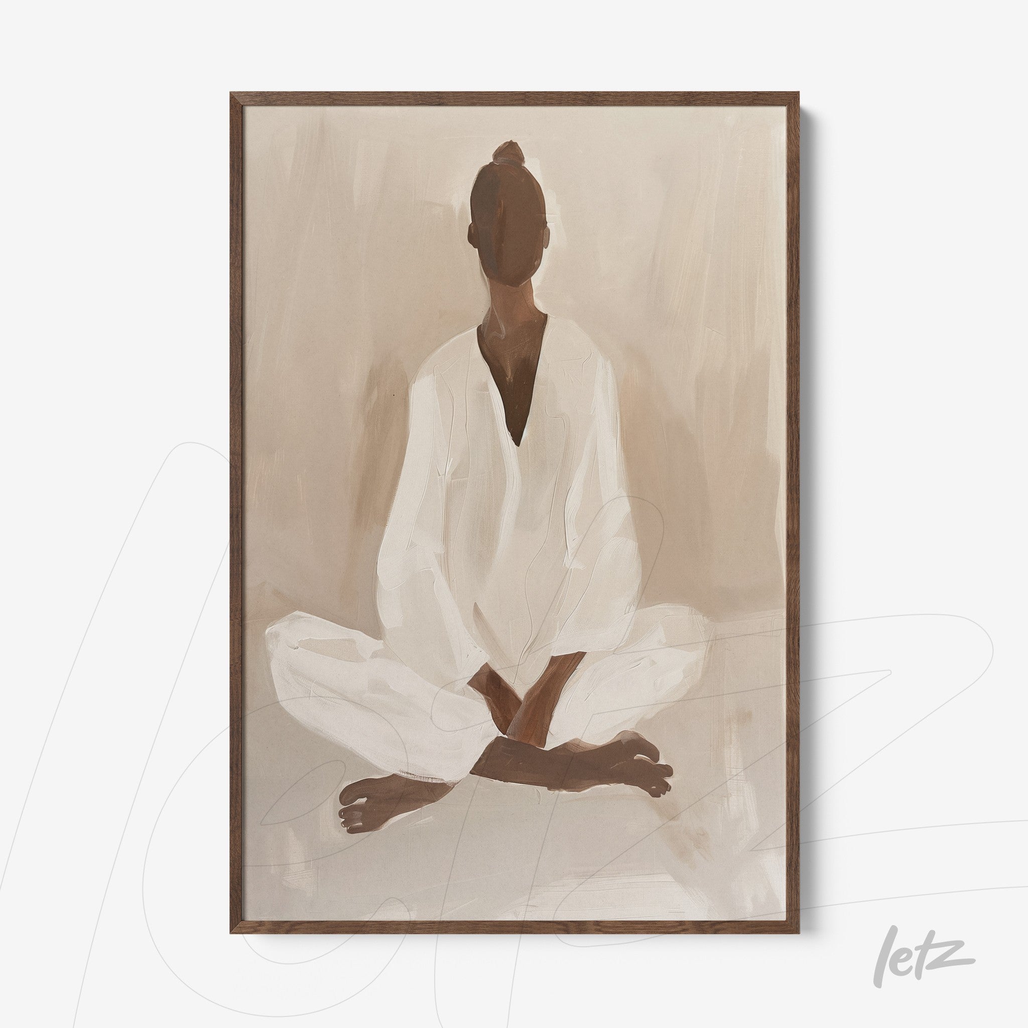abstract art print of a meditating figure in earthy tones with dark wood frame