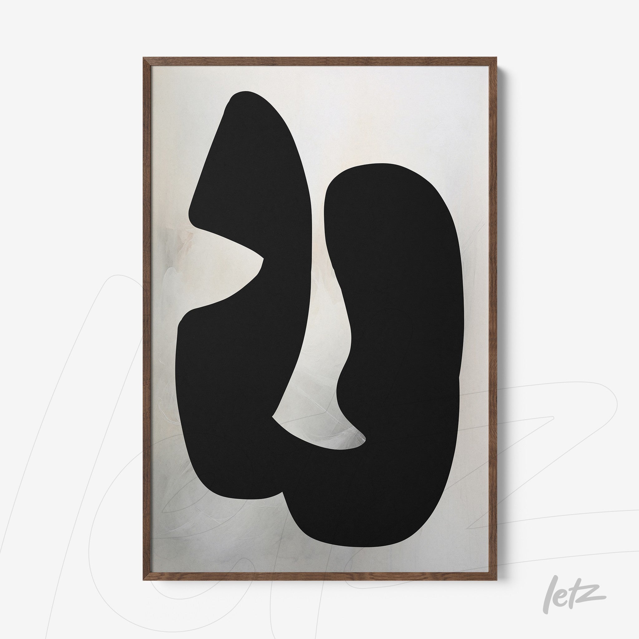 abstract wall art in black on a light background framed in wood