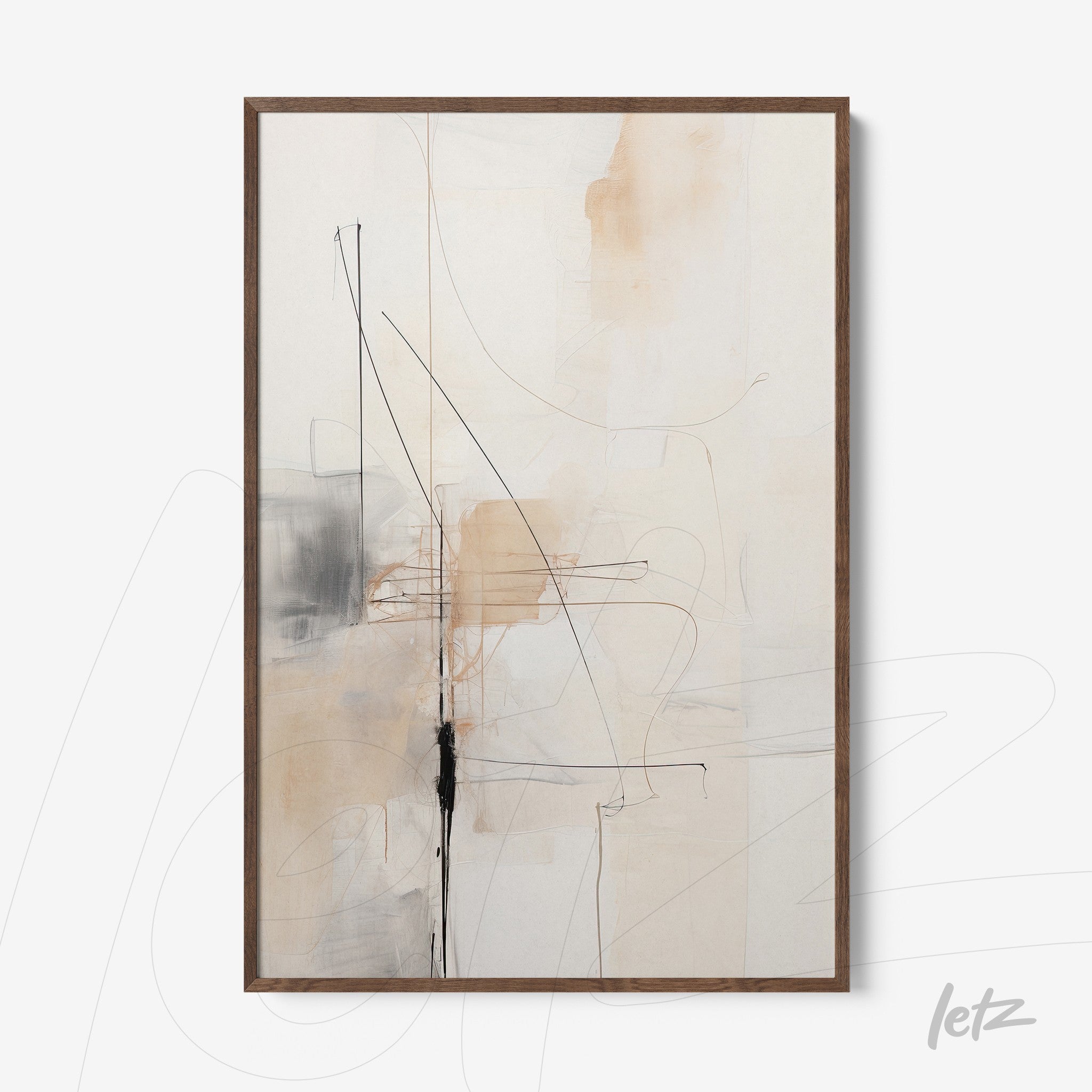 framed abstract art in neutral tones with black lines and dark wood frame