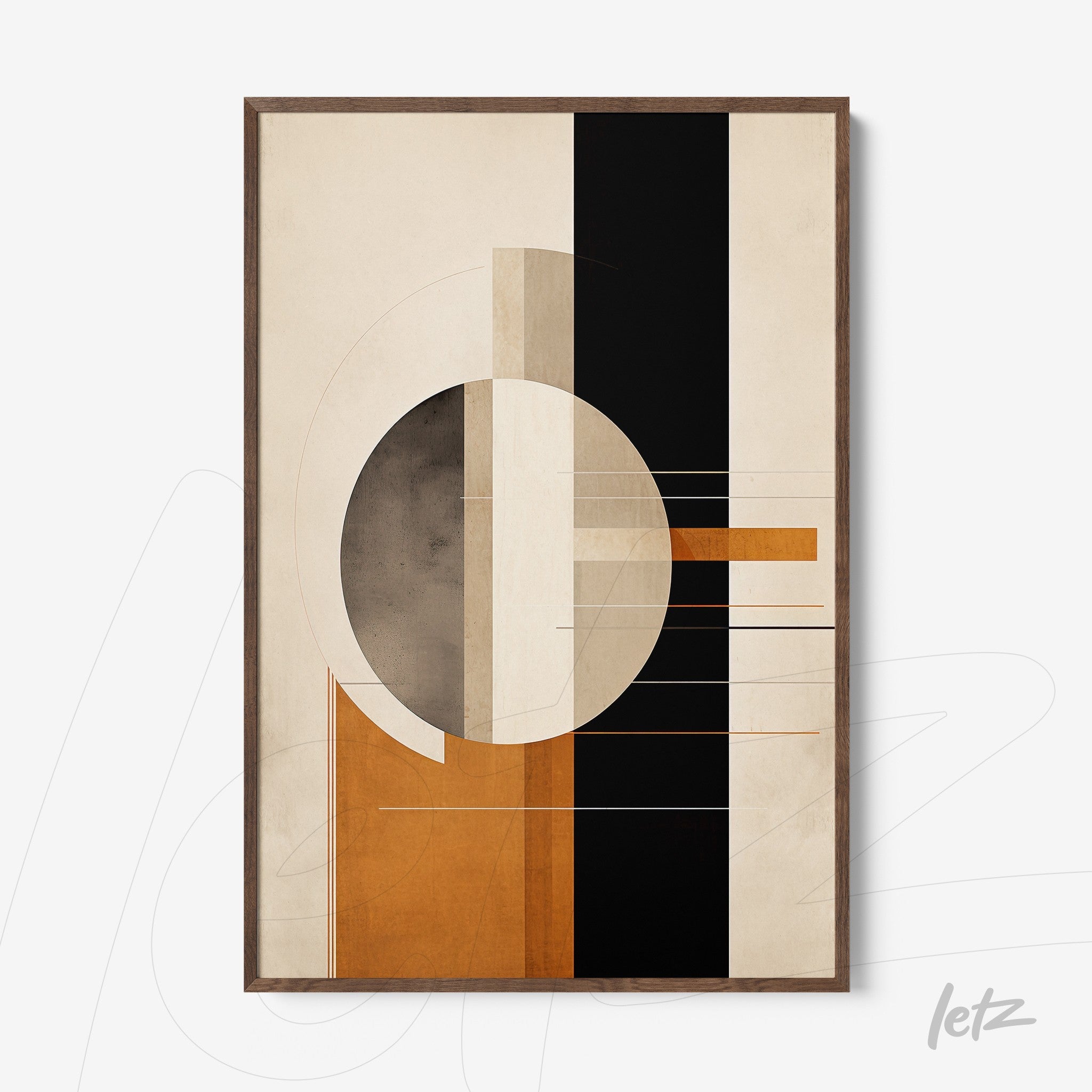 decorative wall art featuring geometric design in earthy tones with a gray circle and black and orange rectangles framed in light wood