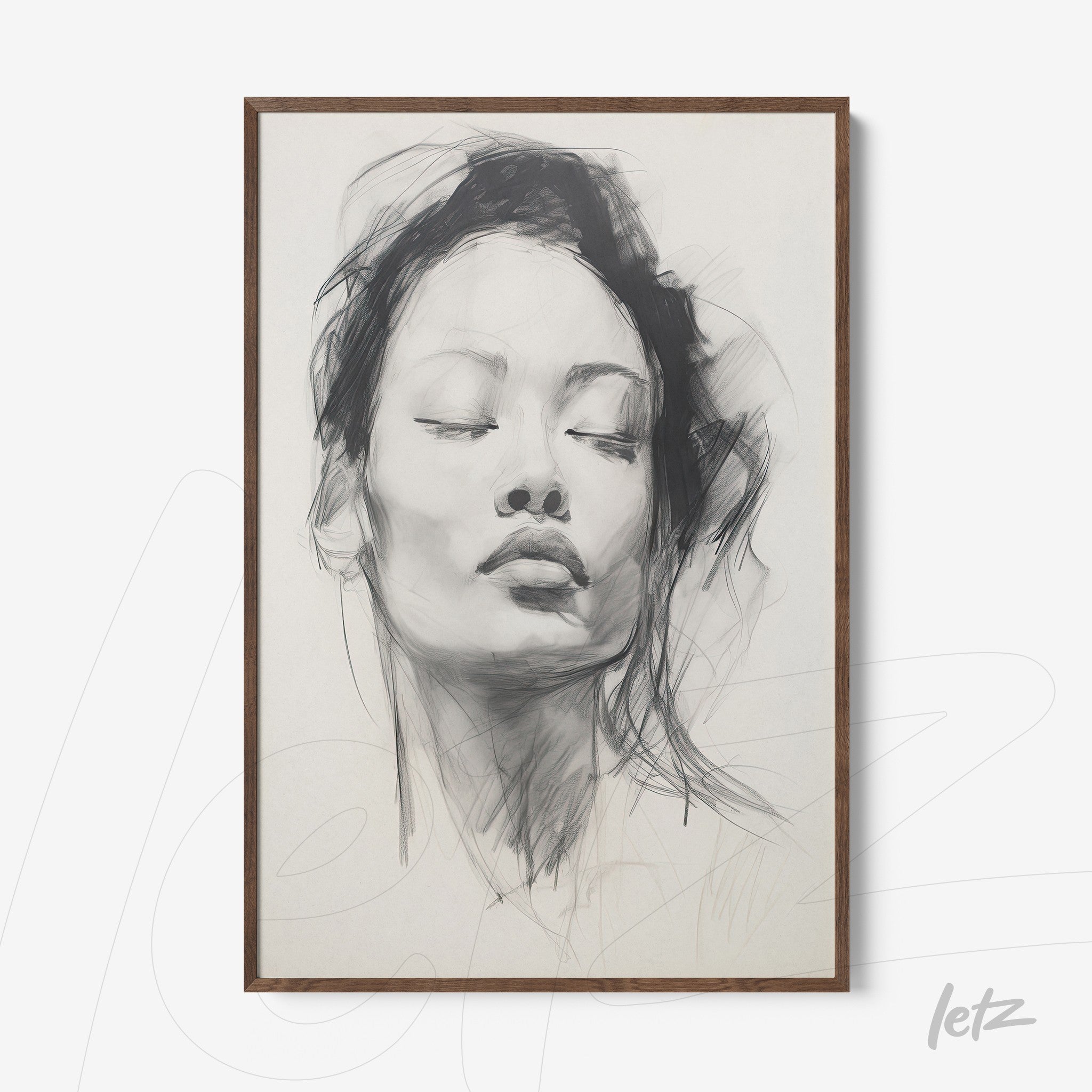 framed art print featuring an artistic graphite sketch of a woman with closed eyes in a dark wood frame
