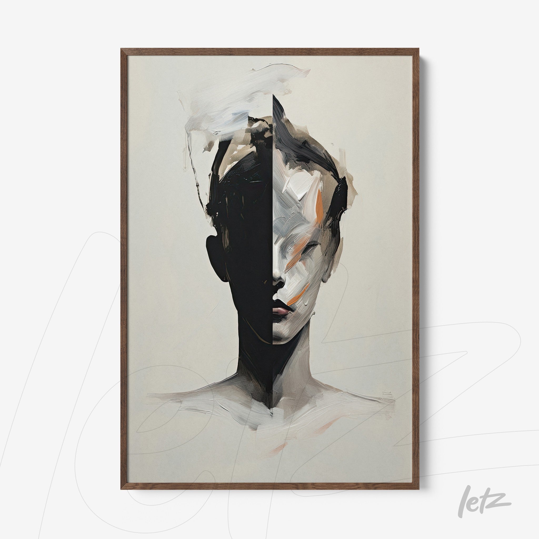 framed wall art featuring an abstract portrait in blue and black with a light wood frame