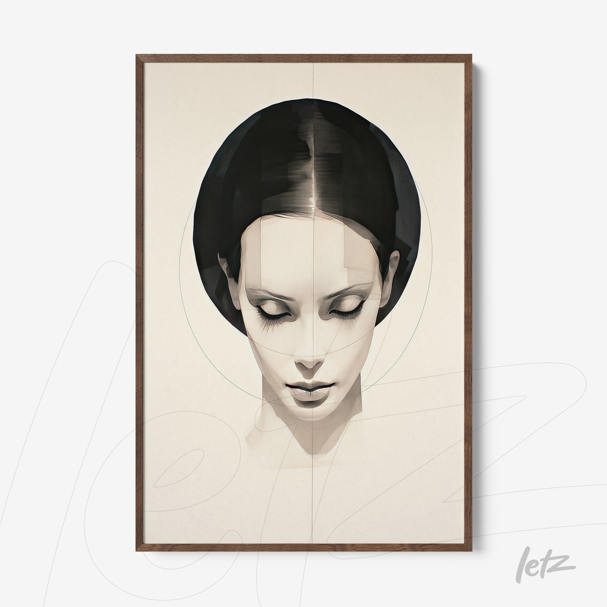 framed contemporary art of a woman with black hair in light wood frame